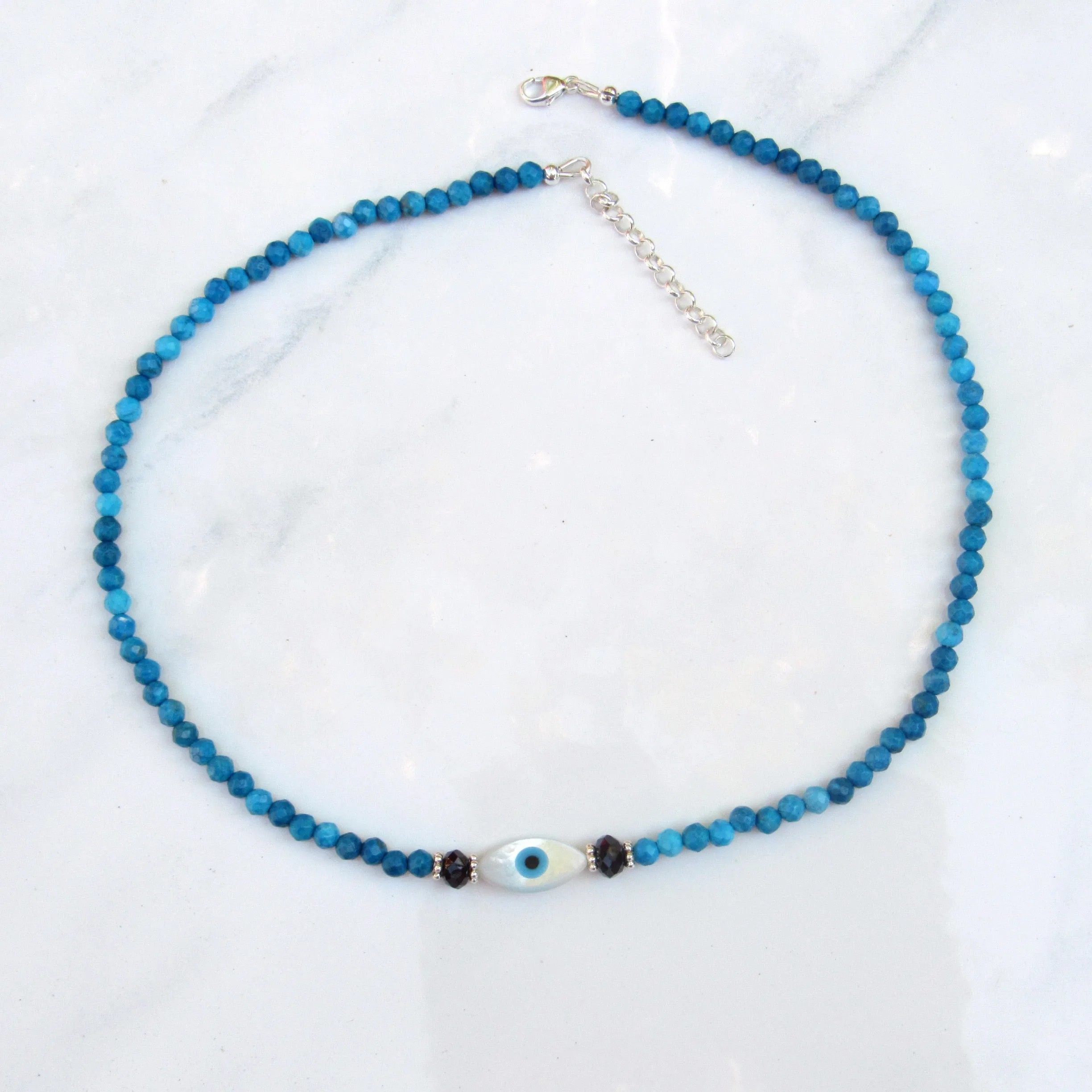 Mother of Pearl Eye of Protection and Blue Agate gemstone Necklace