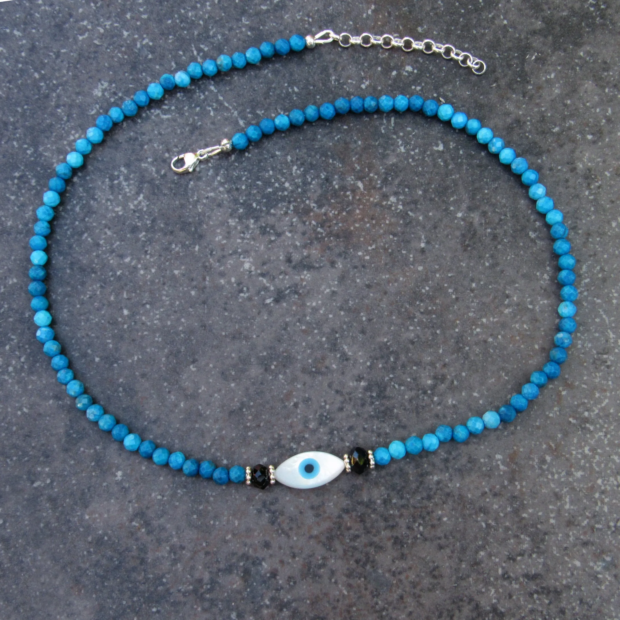 Mother of Pearl Eye of Protection and Blue Agate gemstone Necklace