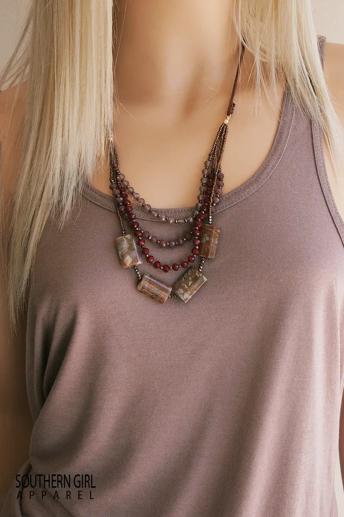 Multi Length Brown and Maroon Tone Beaded Fashion Necklace