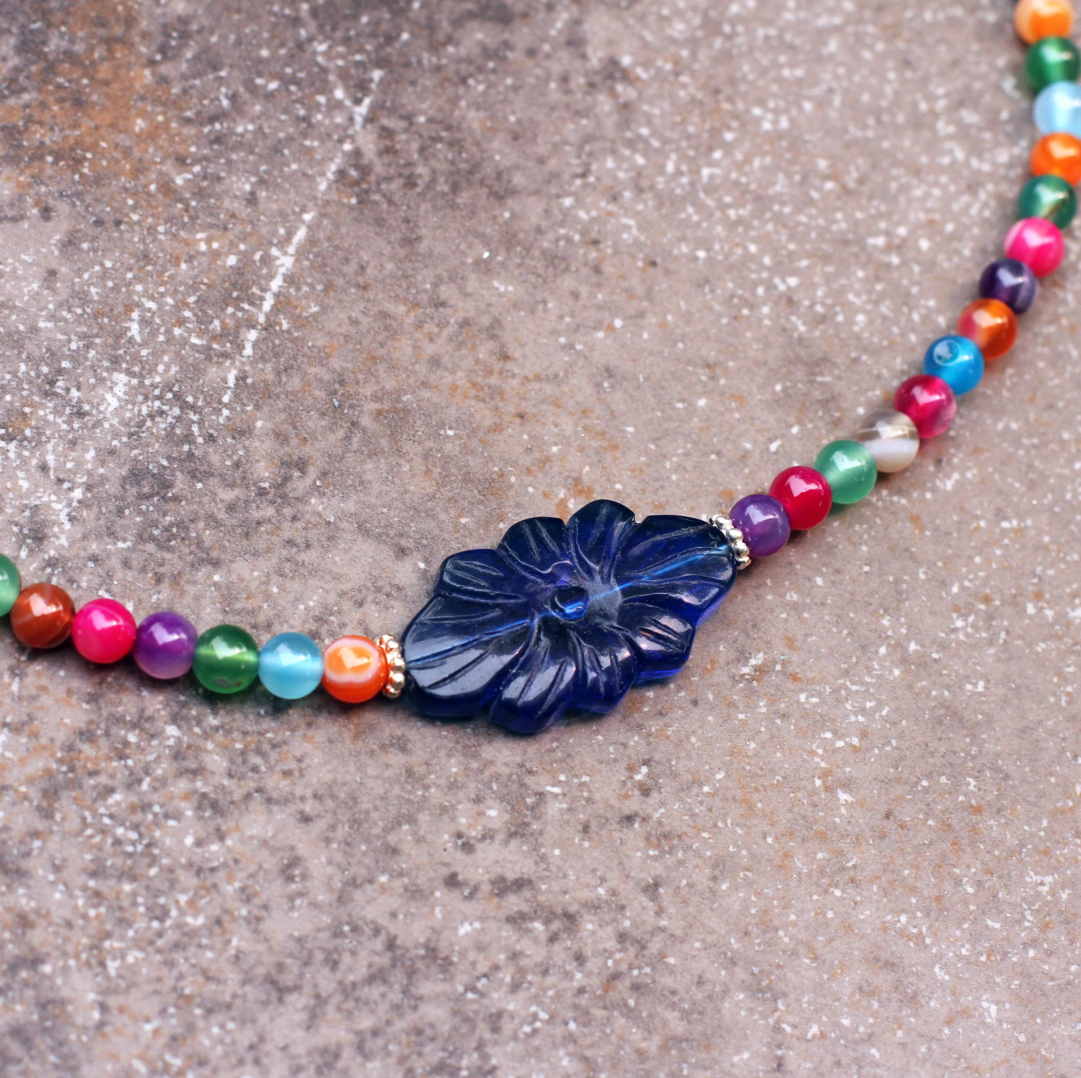 Multicolored Agate Gemstone Necklace with Carved Blue Agate Flower Pendant