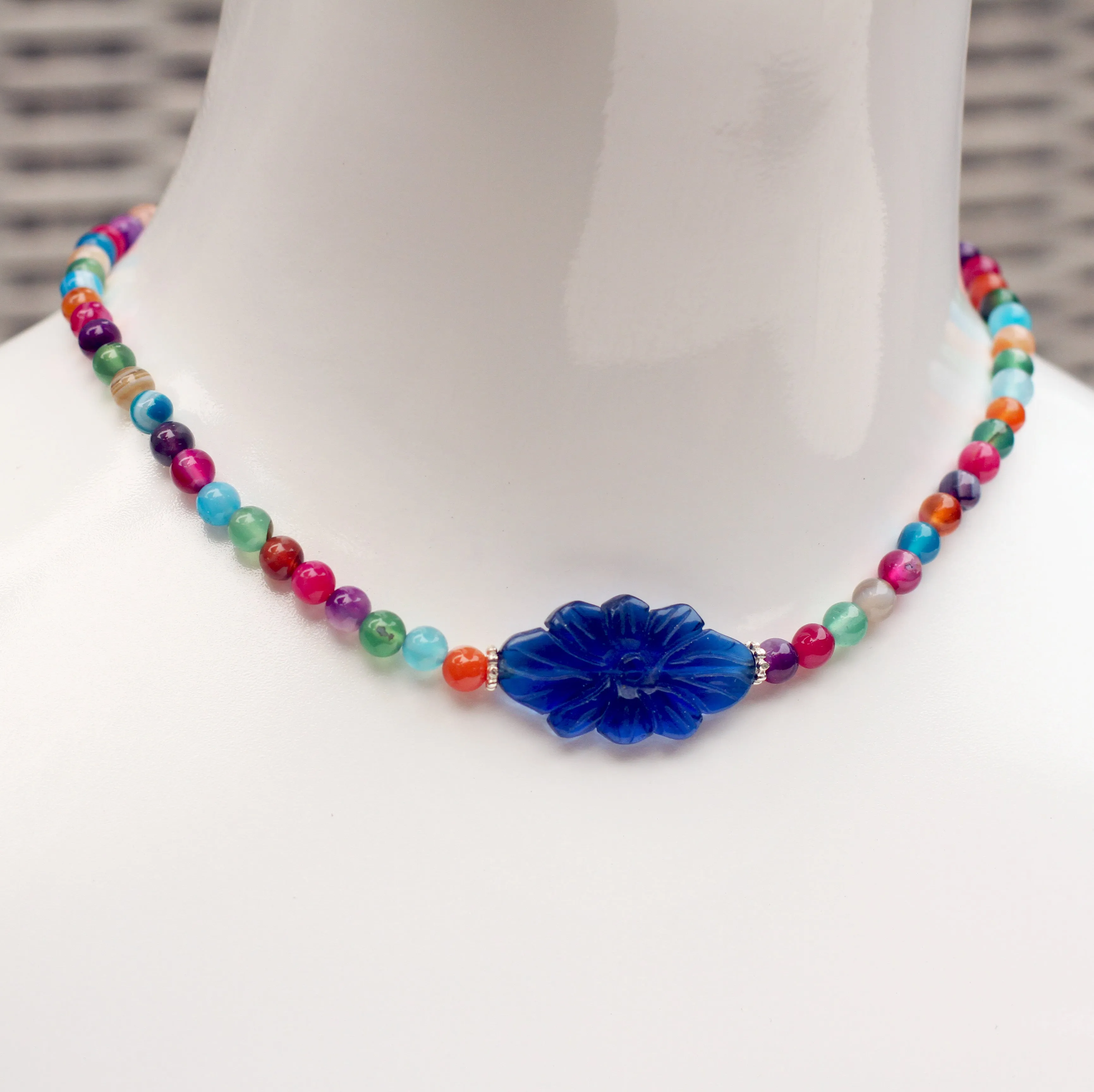 Multicolored Agate Gemstone Necklace with Carved Blue Agate Flower Pendant