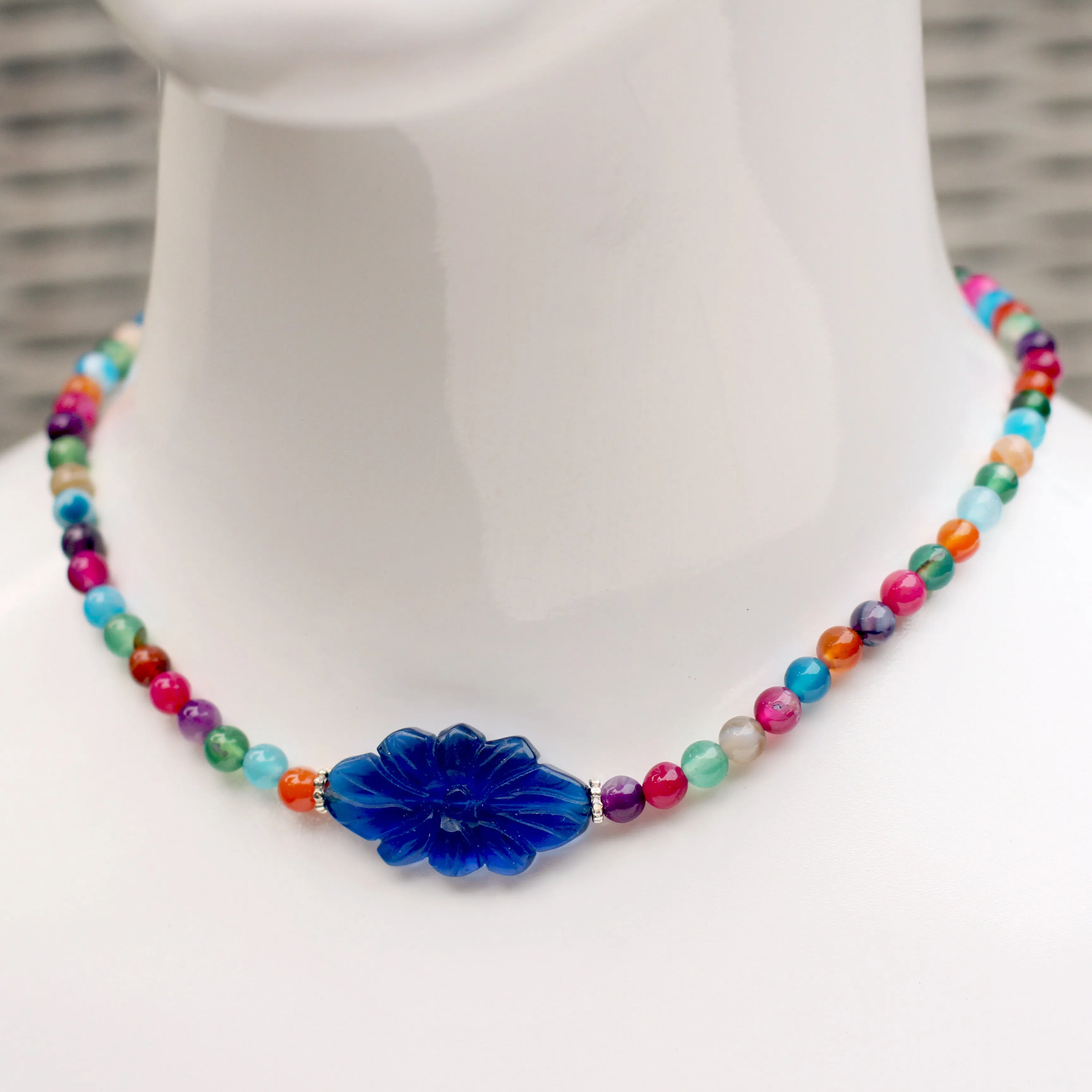 Multicolored Agate Gemstone Necklace with Carved Blue Agate Flower Pendant