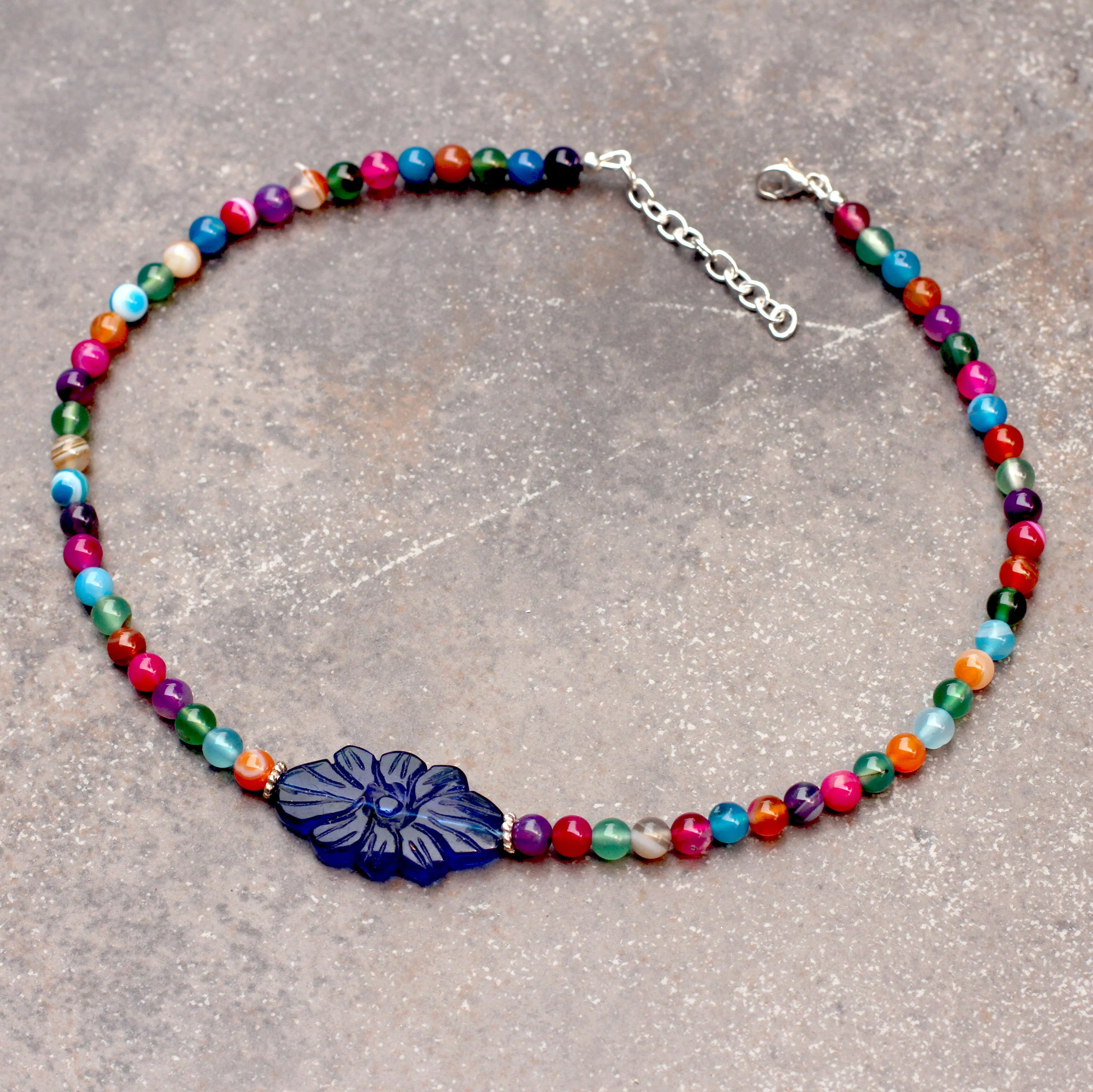 Multicolored Agate Gemstone Necklace with Carved Blue Agate Flower Pendant