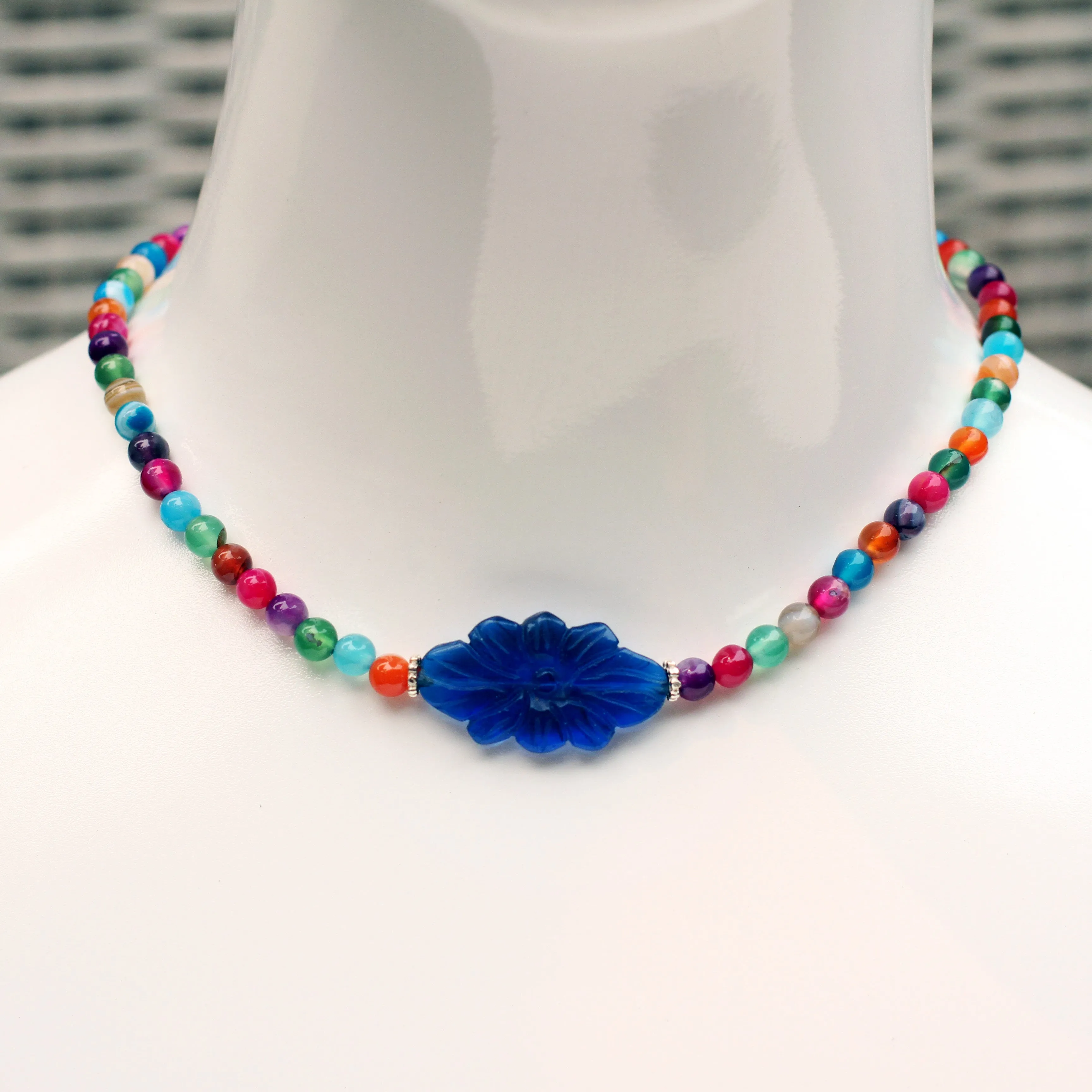 Multicolored Agate Gemstone Necklace with Carved Blue Agate Flower Pendant