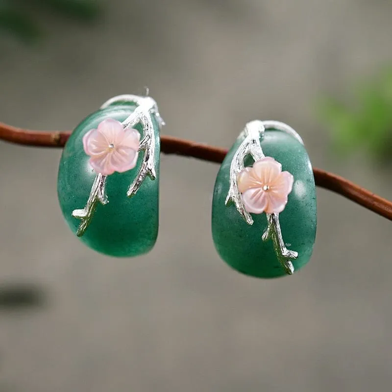 Natural Aventurine Original Plum Flower Stud Earrings - 925 Sterling Silver