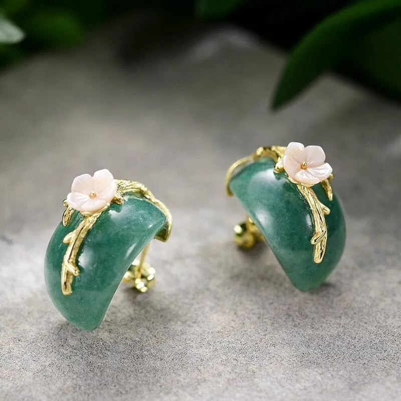 Natural Aventurine Original Plum Flower Stud Earrings - 925 Sterling Silver