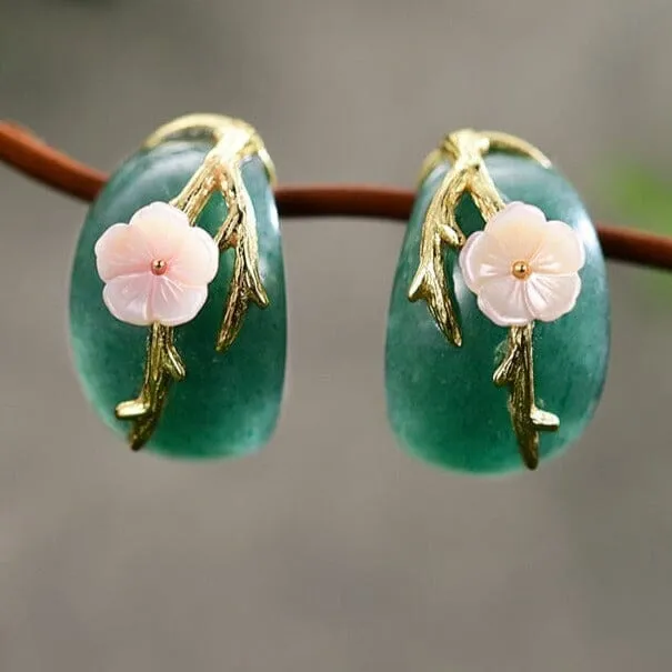 Natural Aventurine Original Plum Flower Stud Earrings - 925 Sterling Silver