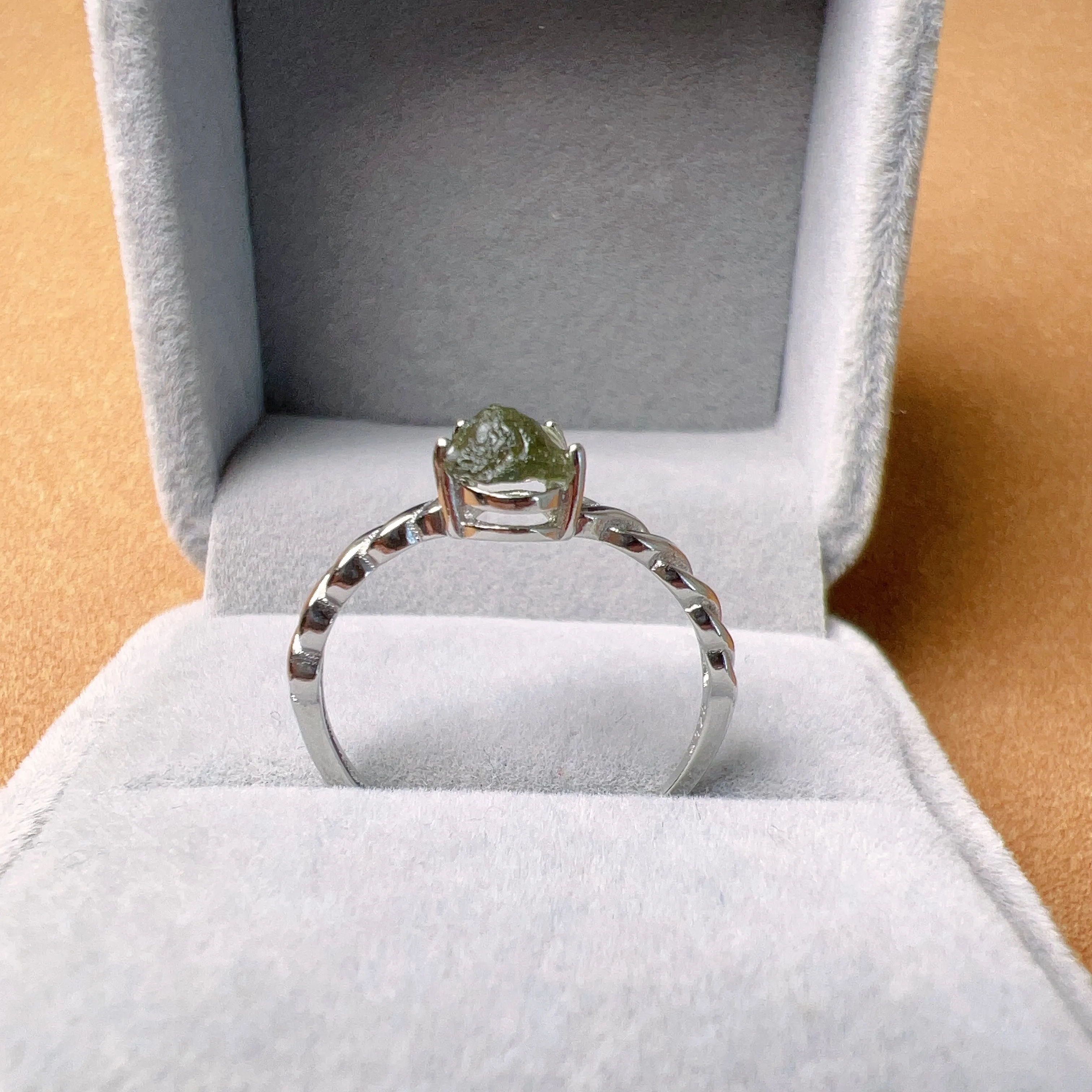 Natural Moldavite Raw Stone Ring 925 Sterling Silver Prongs | Rare High-frequency Healing Stone