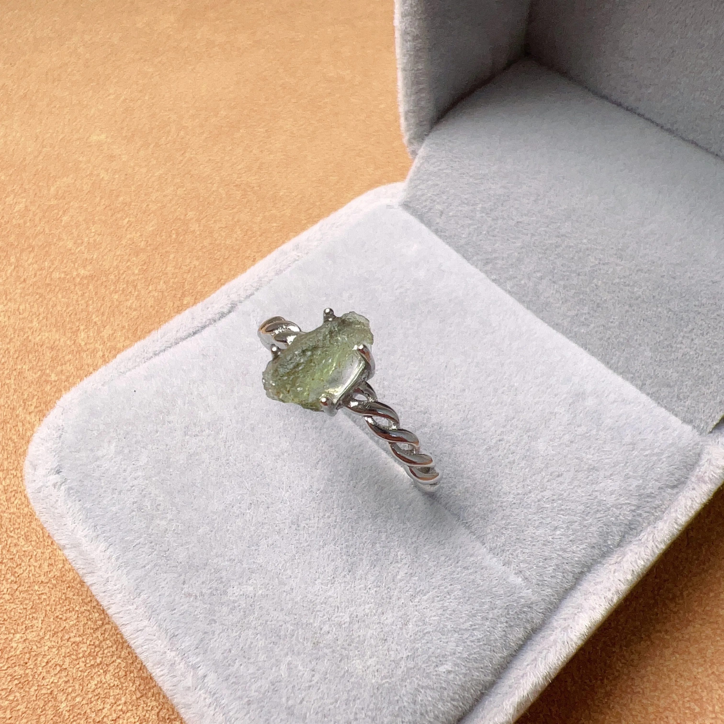 Natural Moldavite Raw Stone Ring 925 Sterling Silver Prongs | Rare High-frequency Healing Stone