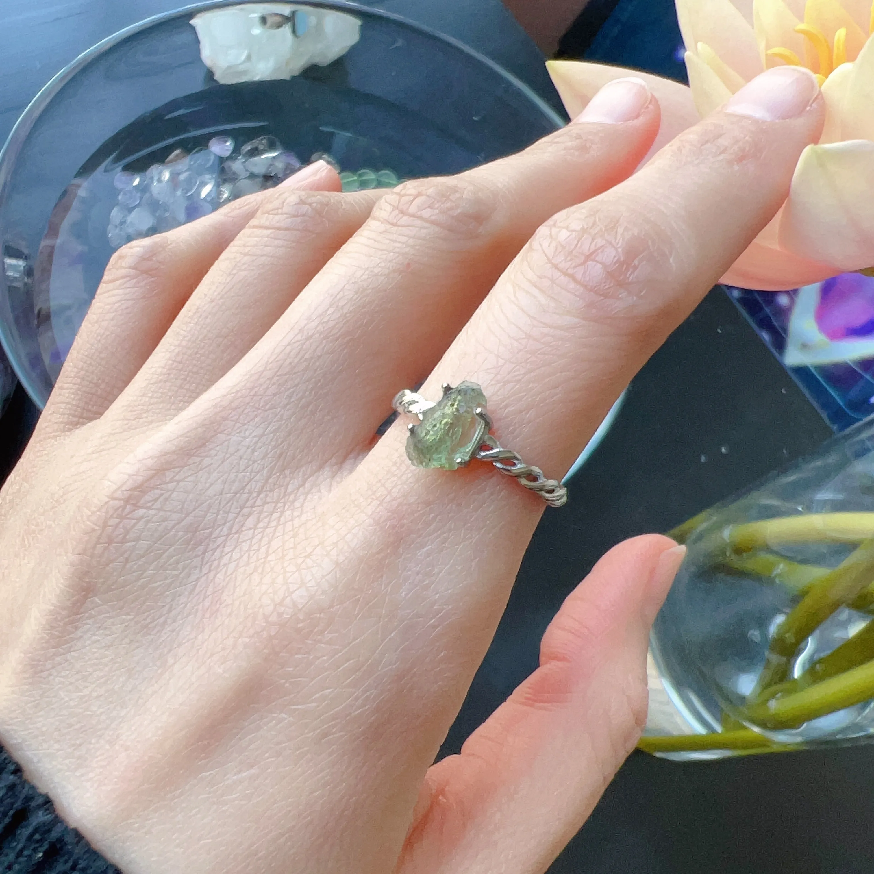 Natural Moldavite Raw Stone Ring 925 Sterling Silver Prongs | Rare High-frequency Healing Stone