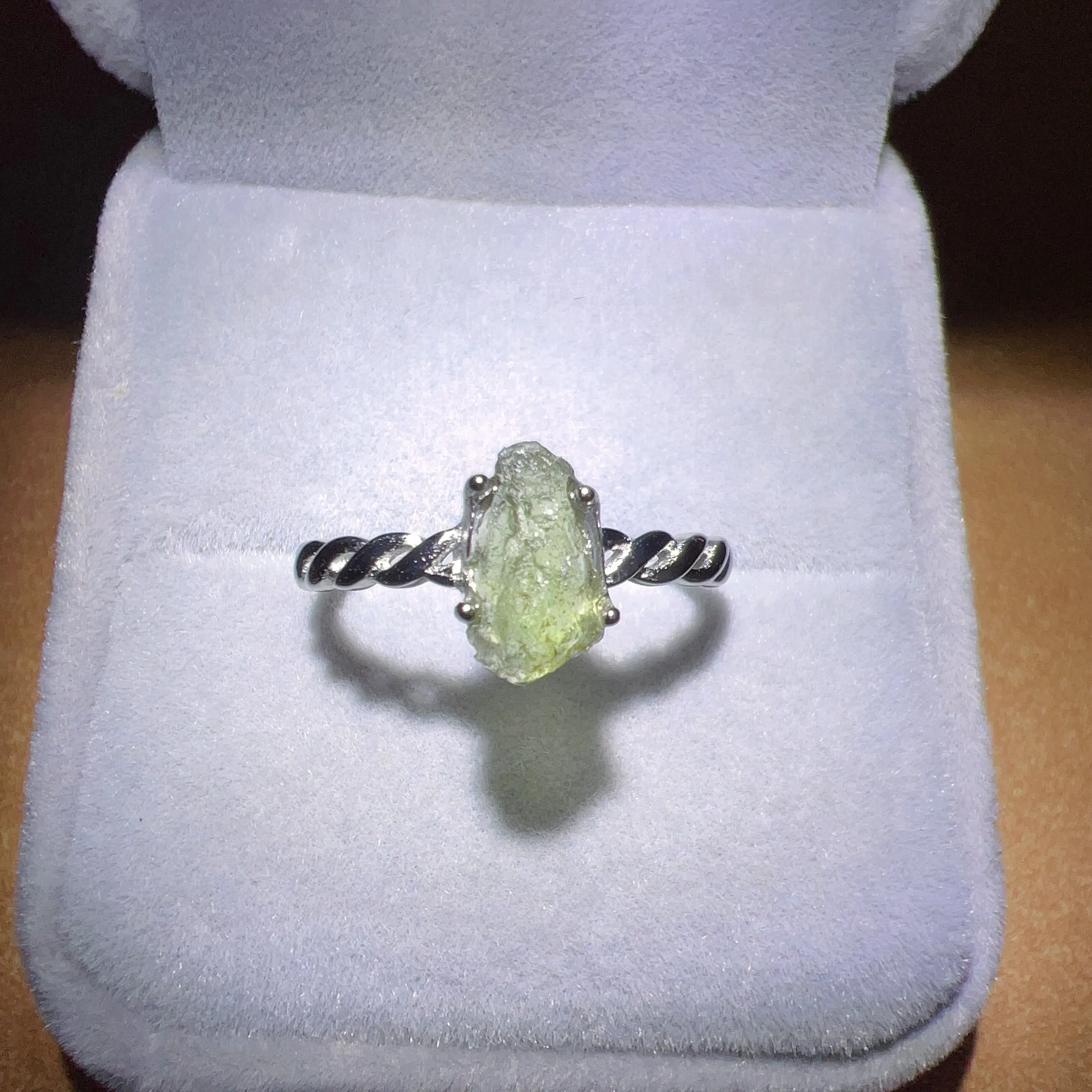 Natural Moldavite Raw Stone Ring 925 Sterling Silver Prongs | Rare High-frequency Healing Stone