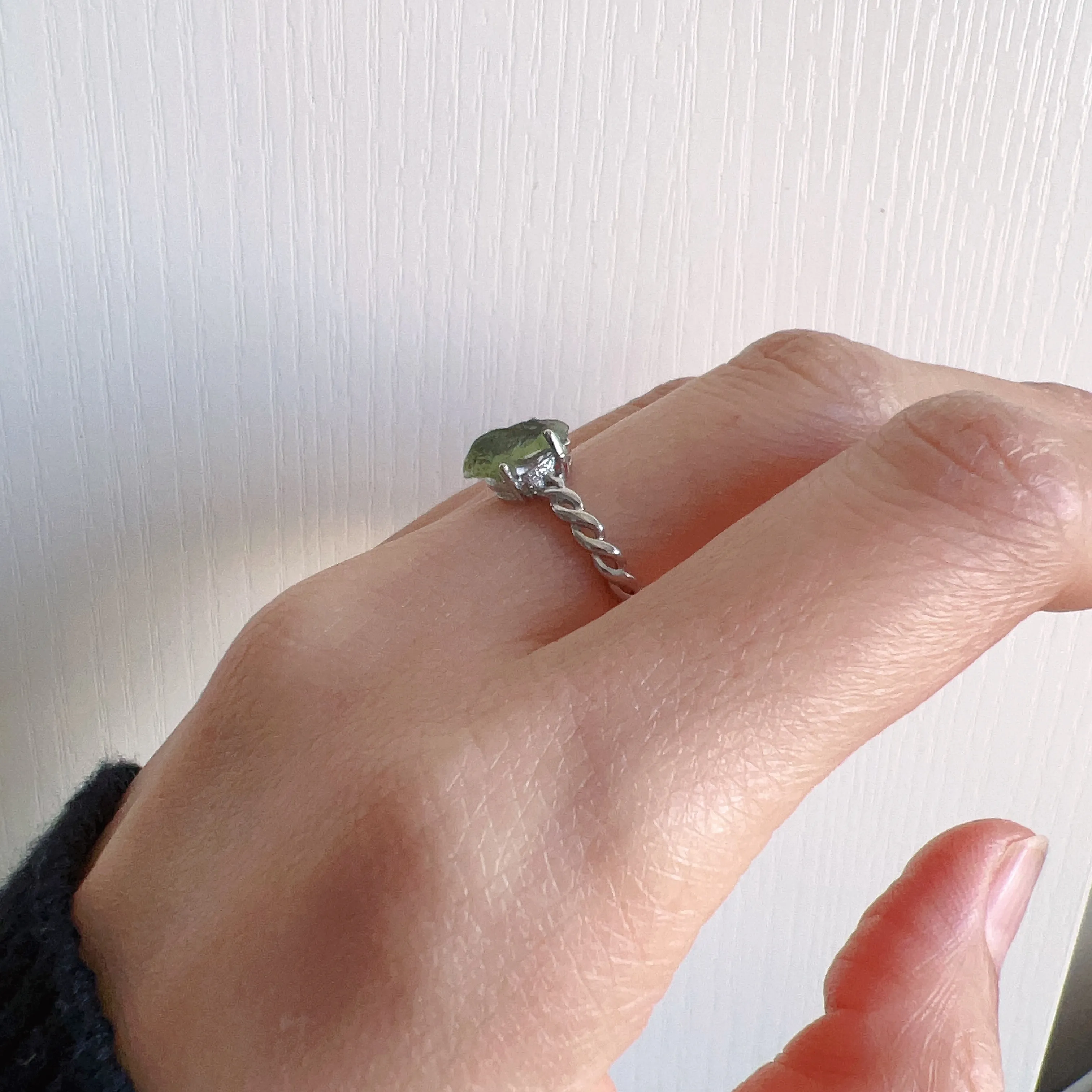 Natural Moldavite Raw Stone Ring 925 Sterling Silver Prongs | Rare High-frequency Healing Stone