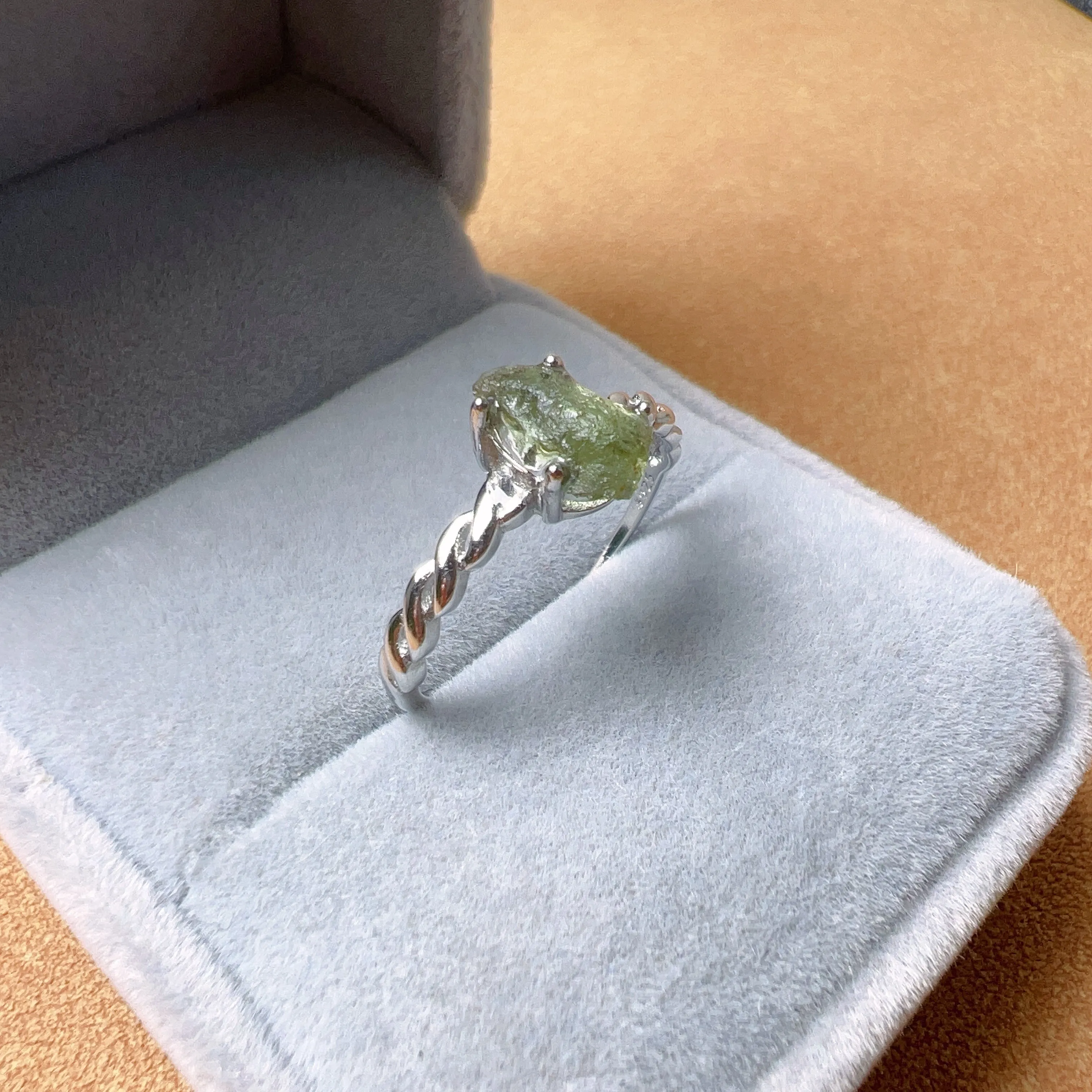 Natural Moldavite Raw Stone Ring 925 Sterling Silver Prongs | Rare High-frequency Healing Stone