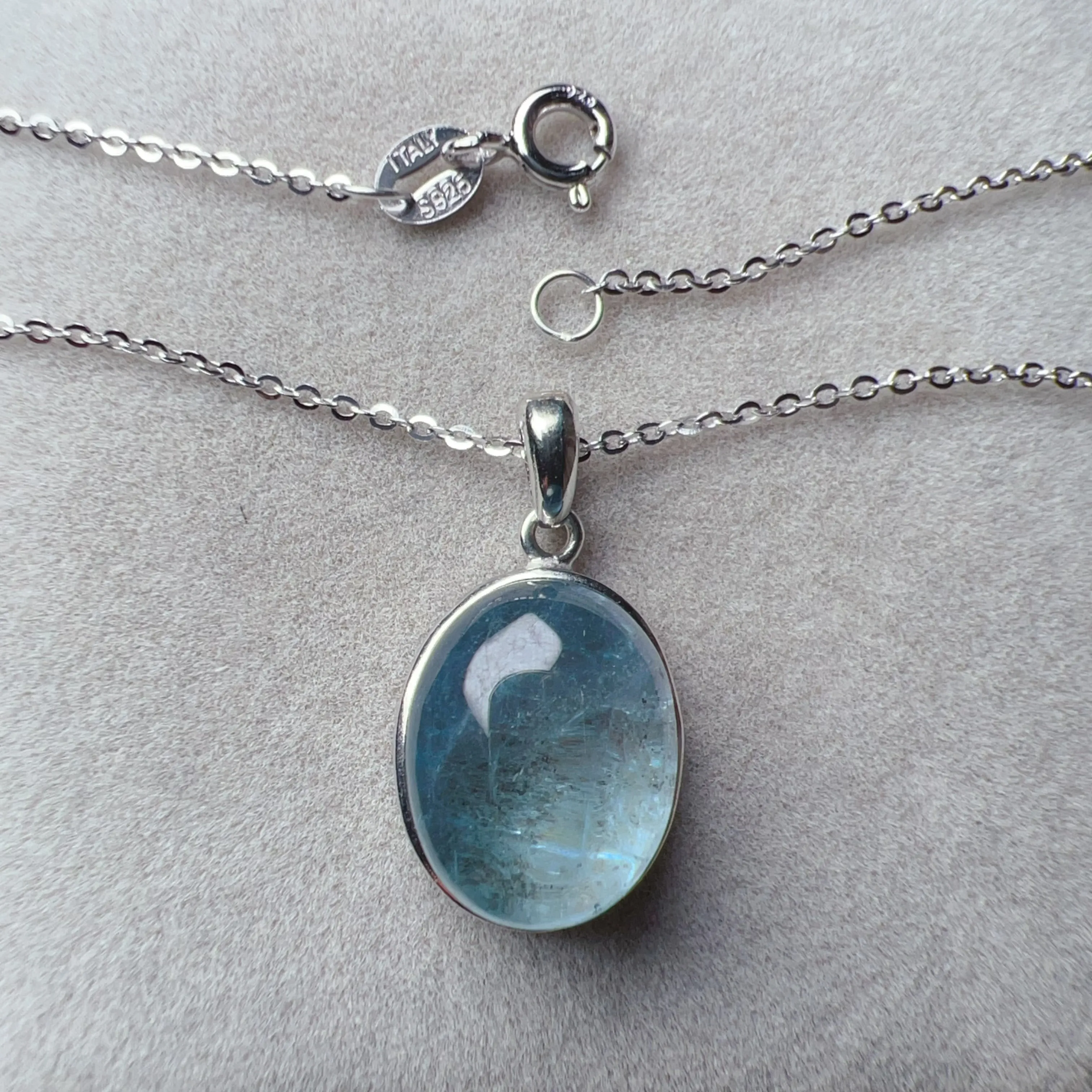 Nice Clarity Aquamarine Cabochon Pendant Necklace | Throat Chakra Healing Crystal Jewelry