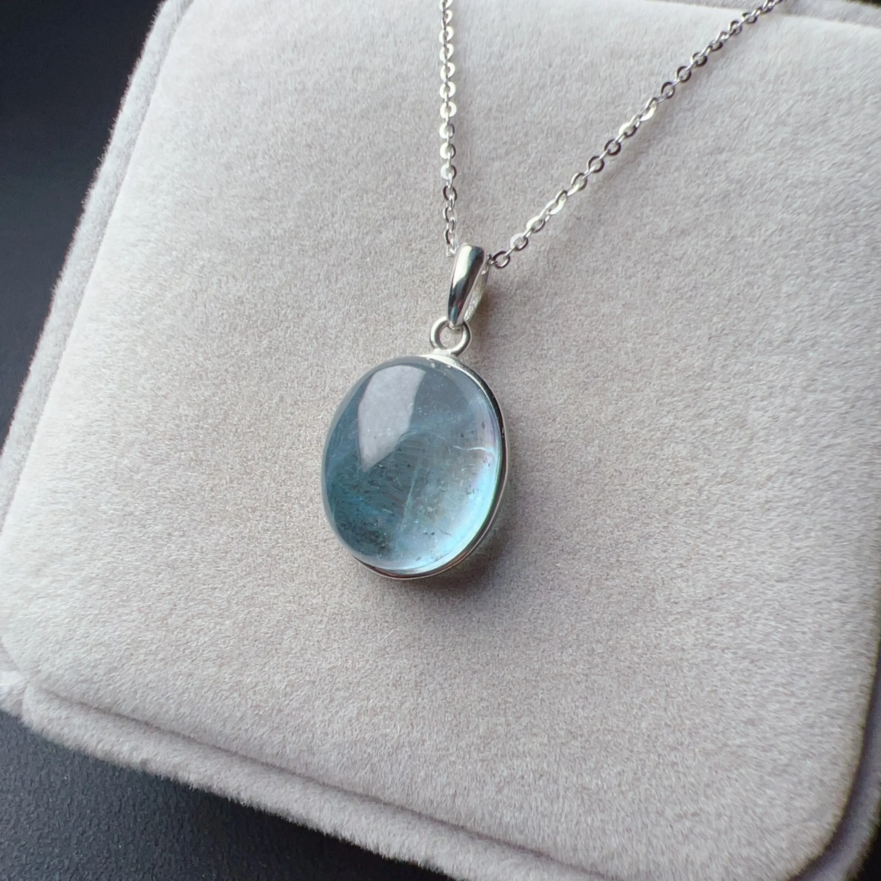 Nice Clarity Aquamarine Cabochon Pendant Necklace | Throat Chakra Healing Crystal Jewelry