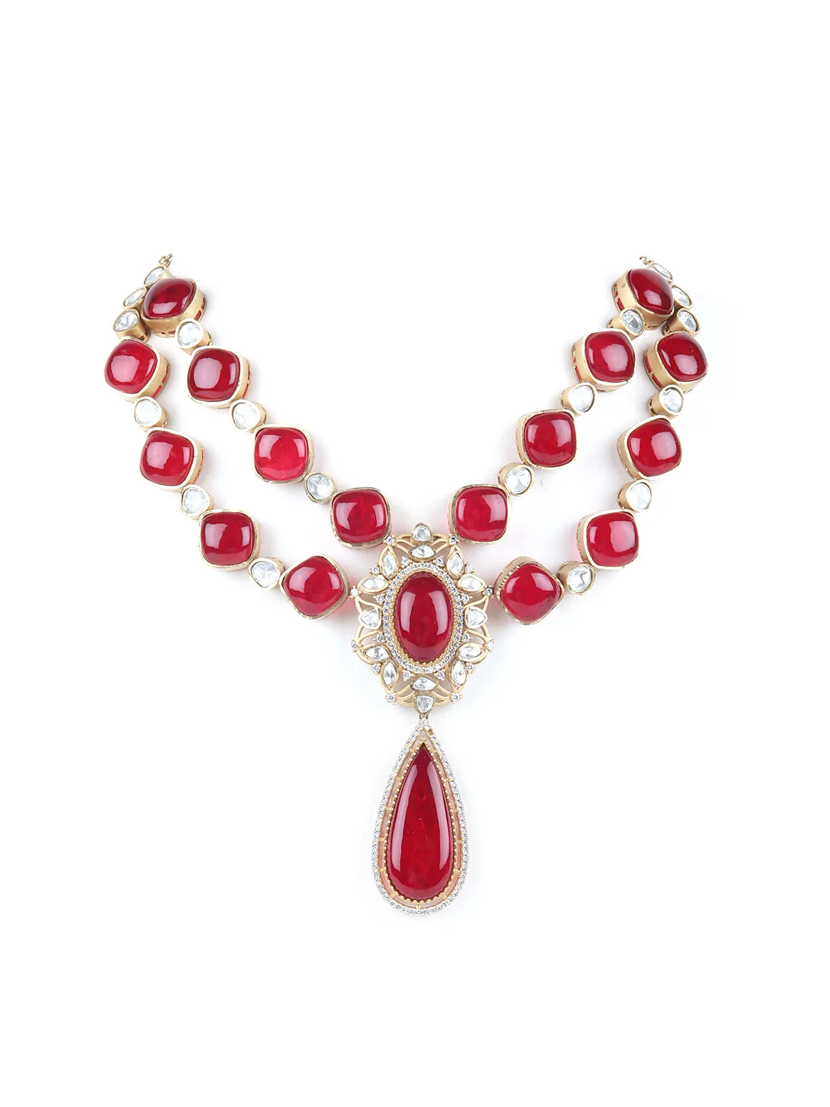 Odette Red And Gold Choker Neck Piece Set For Women