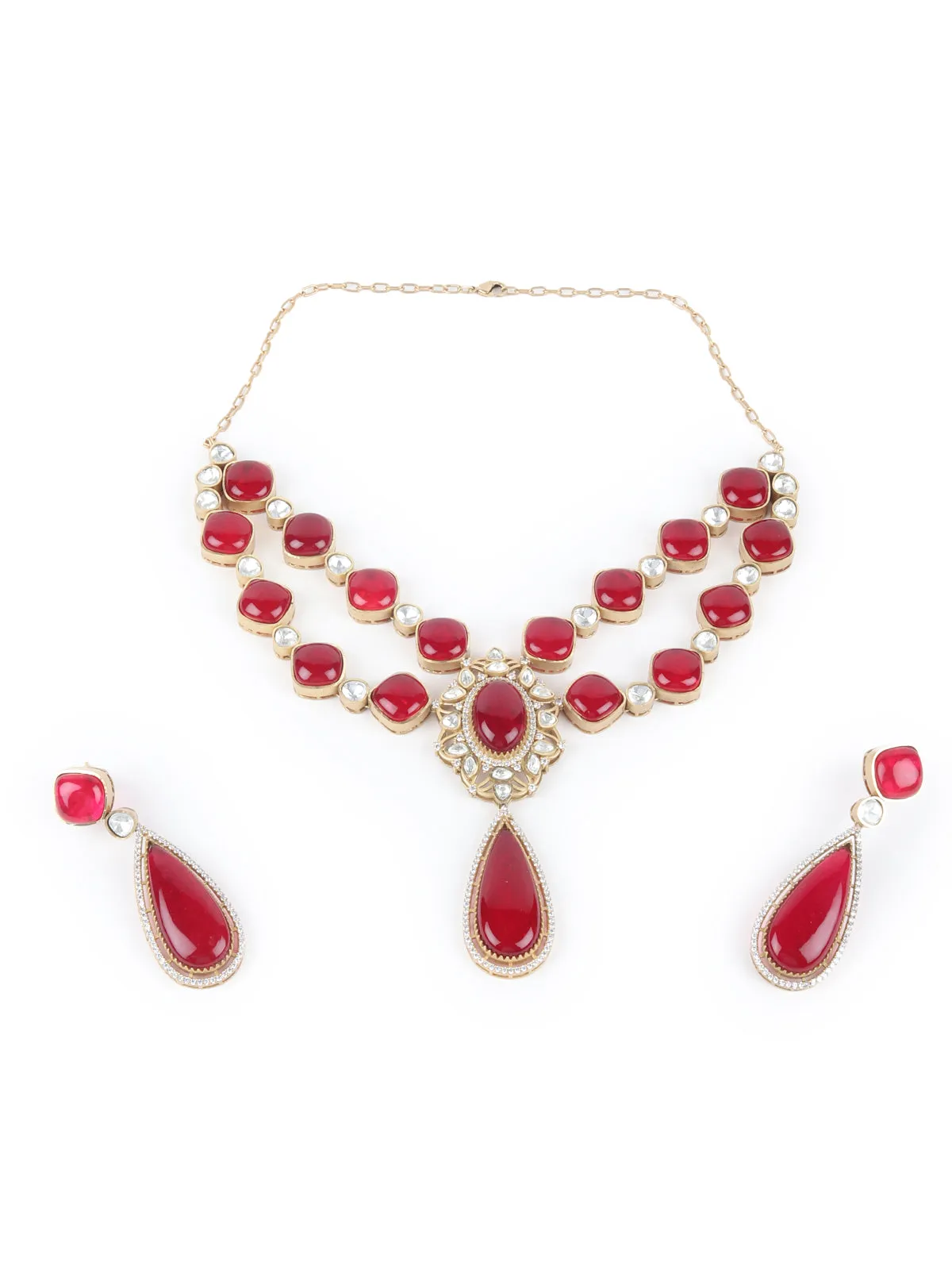 Odette Red And Gold Choker Neck Piece Set For Women