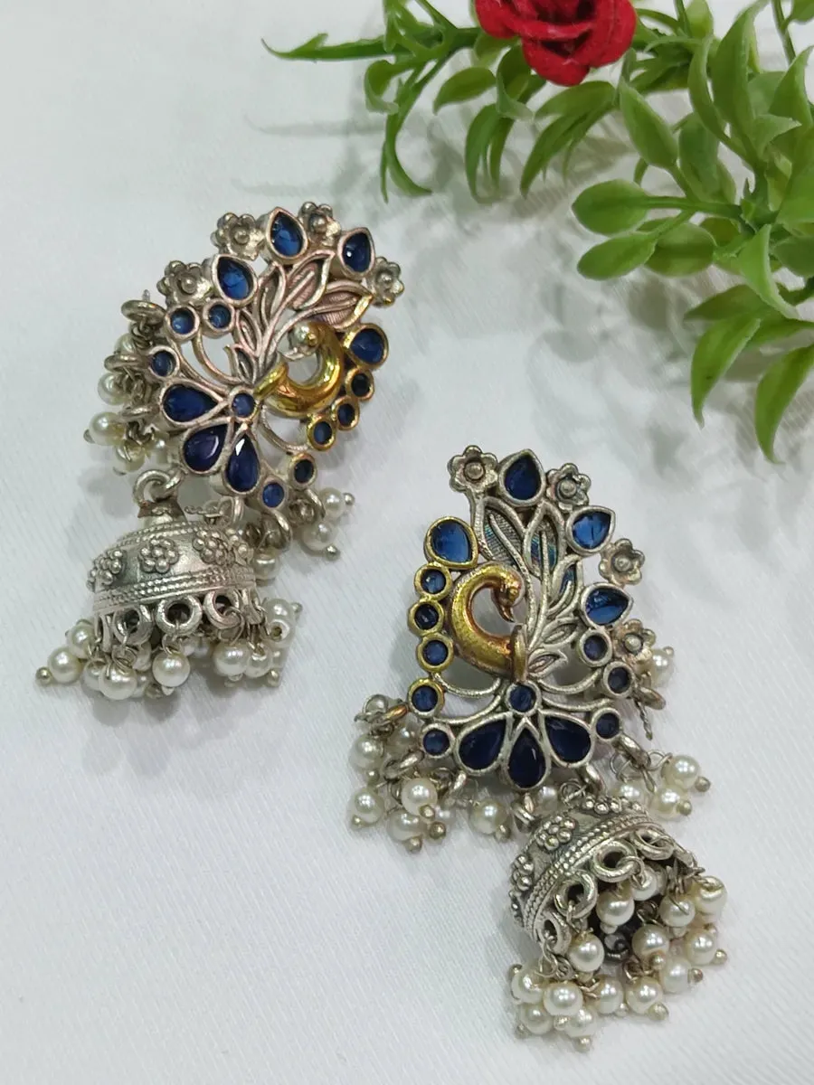 Pearl Blue Stone Peacock Oxidized Jhumka Earrings