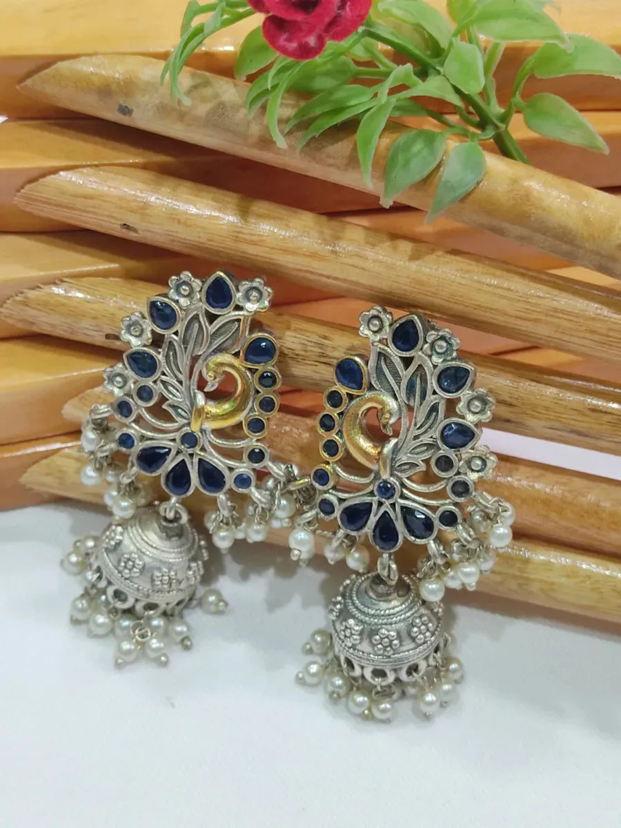 Pearl Blue Stone Peacock Oxidized Jhumka Earrings