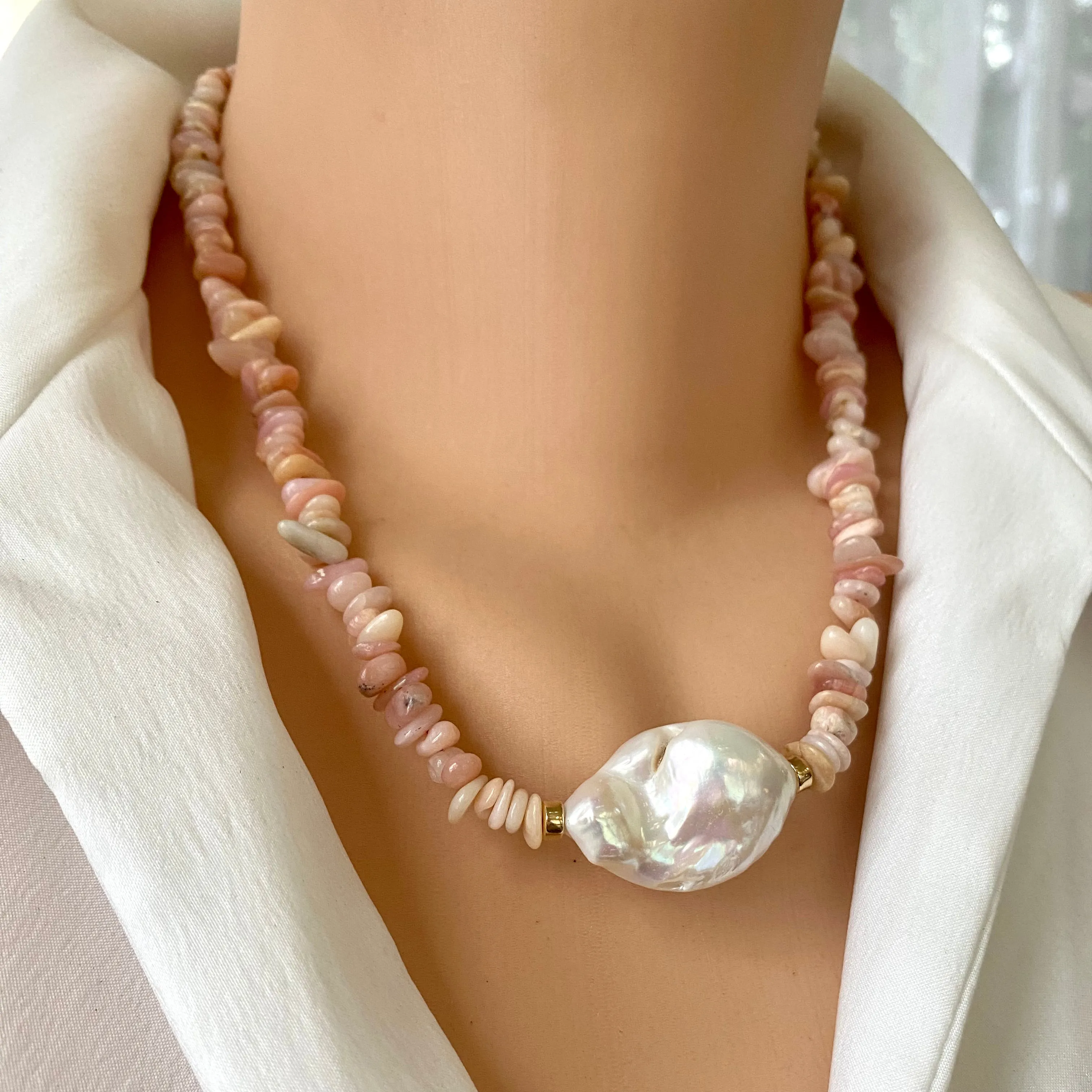 Pink Opal and Freshwater Baroque Pearl Necklace with Gold Filled Beads & Closure, 18.5inch