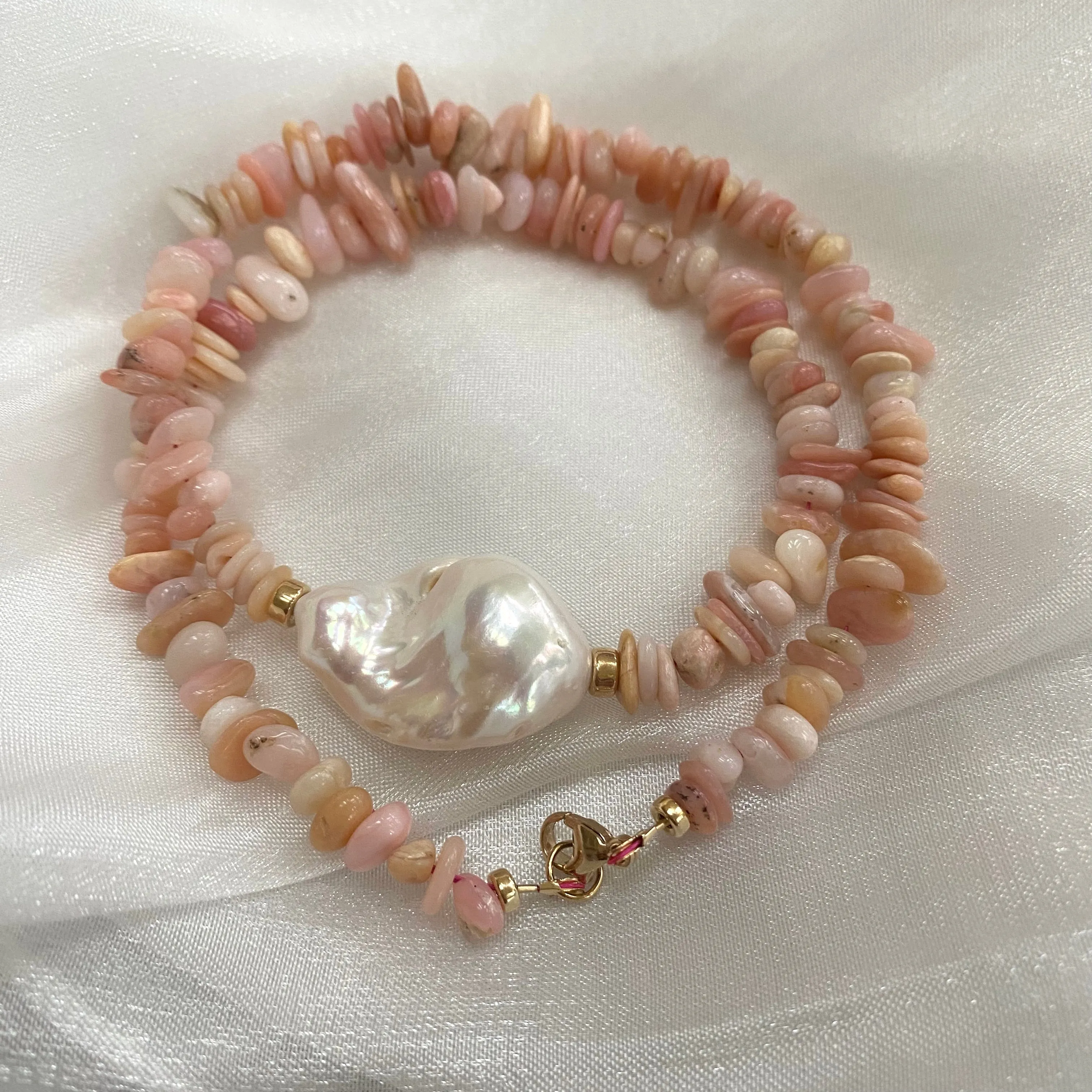 Pink Opal and Freshwater Baroque Pearl Necklace with Gold Filled Beads & Closure, 18.5inch