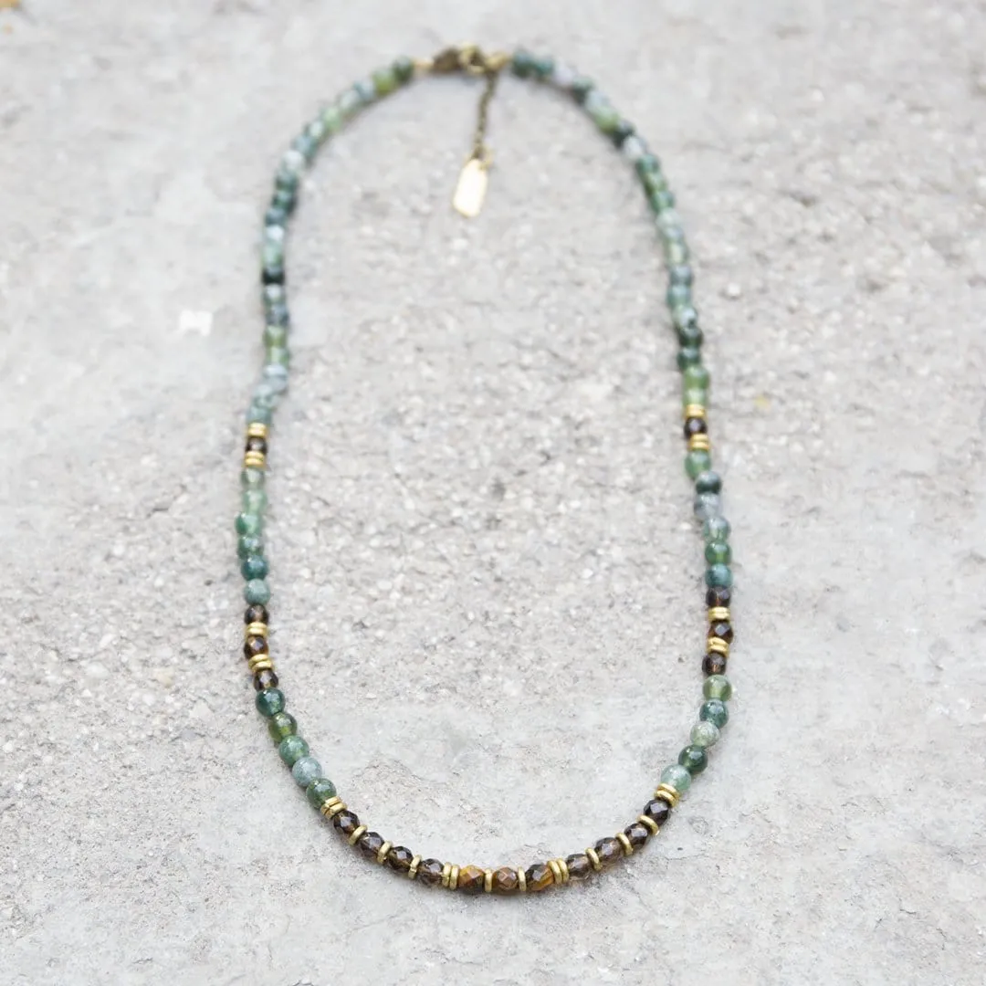 Prosperity and Abundance Moss Agate and Smoky Quartz Delicate Gemstone Necklace