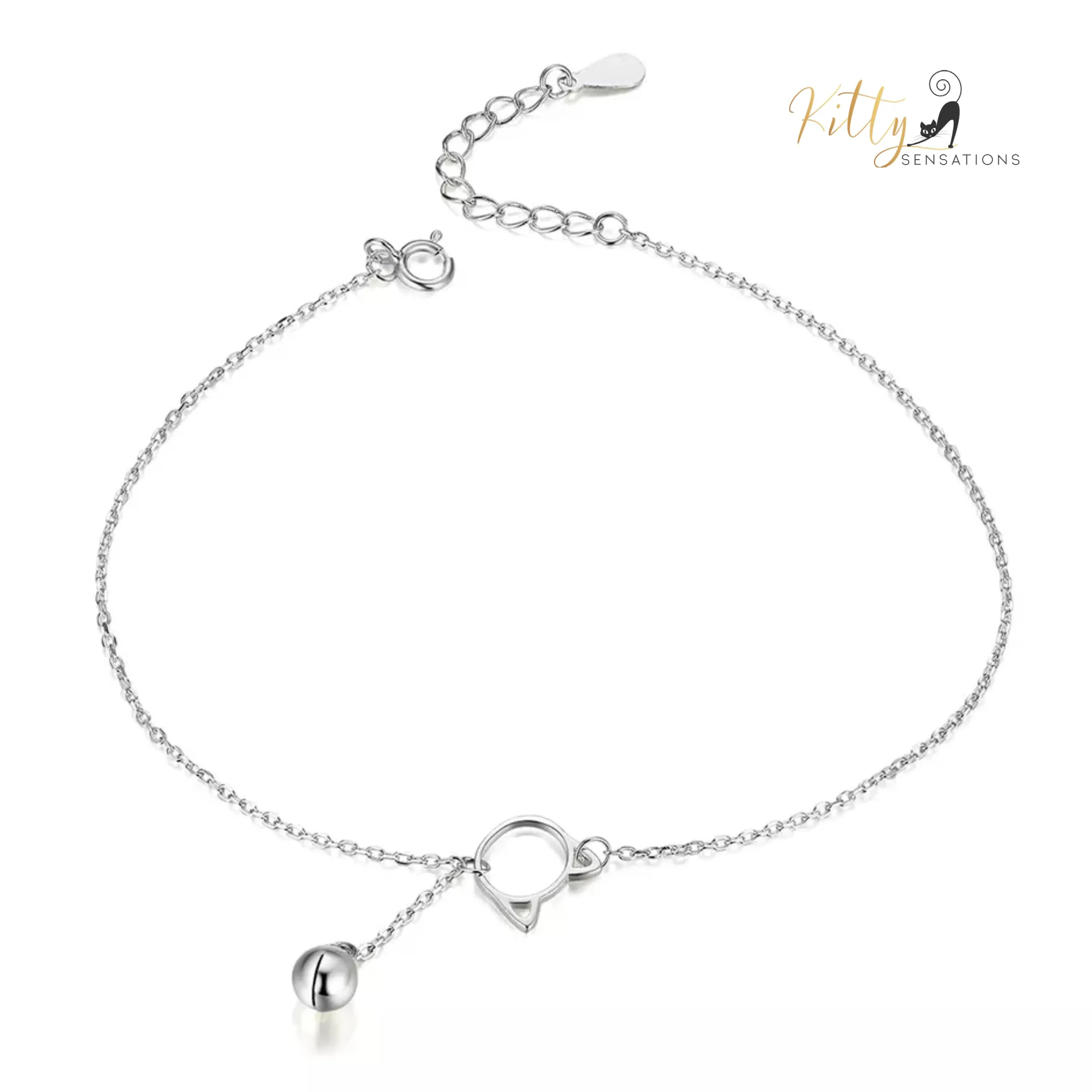 Purrfection Cat Bracelet/Anklet with Hanging Bell Charm in Solid 925 Sterling Silver