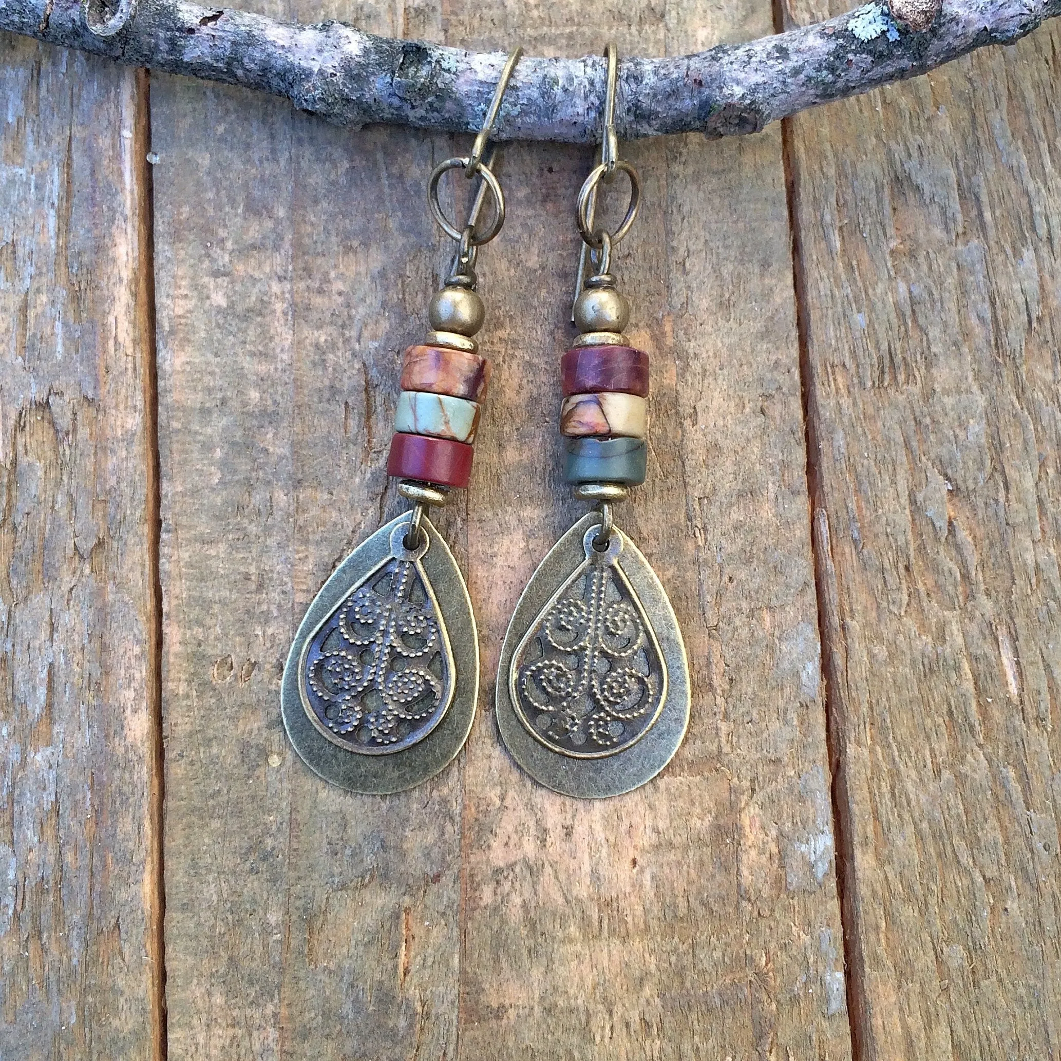 Red Creek Jasper Earrings, Boho Dangle Teardrop Earrings, Earthy Stone Earrings, Brass Drop Earrings, Bohemian Jewelry, Jasper Jewelry