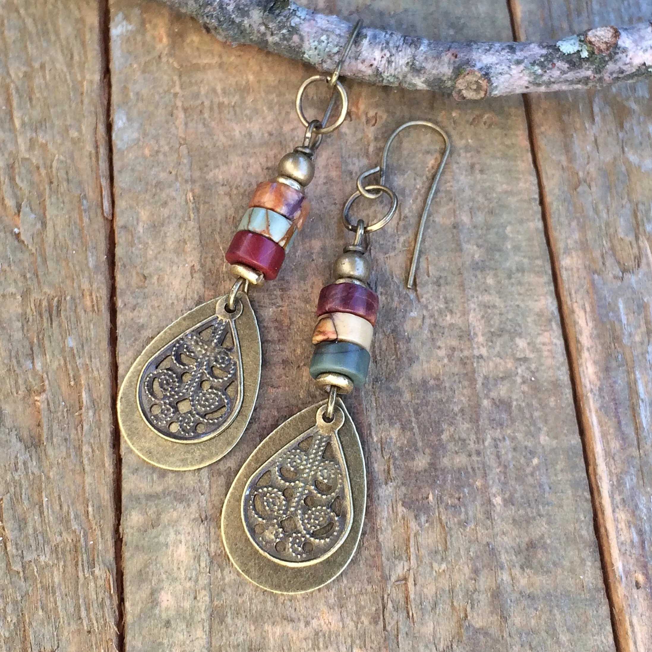 Red Creek Jasper Earrings, Boho Dangle Teardrop Earrings, Earthy Stone Earrings, Brass Drop Earrings, Bohemian Jewelry, Jasper Jewelry