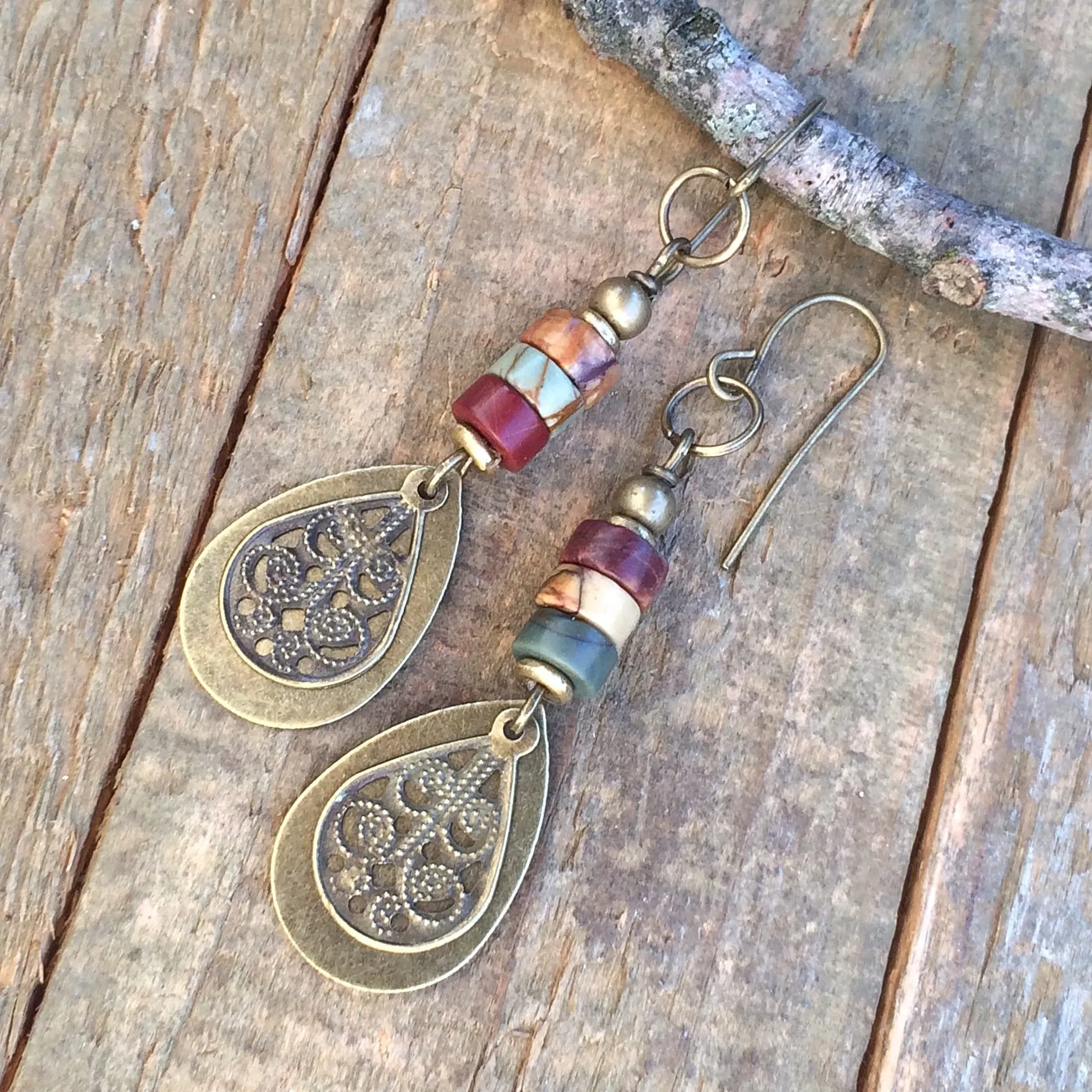 Red Creek Jasper Earrings, Boho Dangle Teardrop Earrings, Earthy Stone Earrings, Brass Drop Earrings, Bohemian Jewelry, Jasper Jewelry