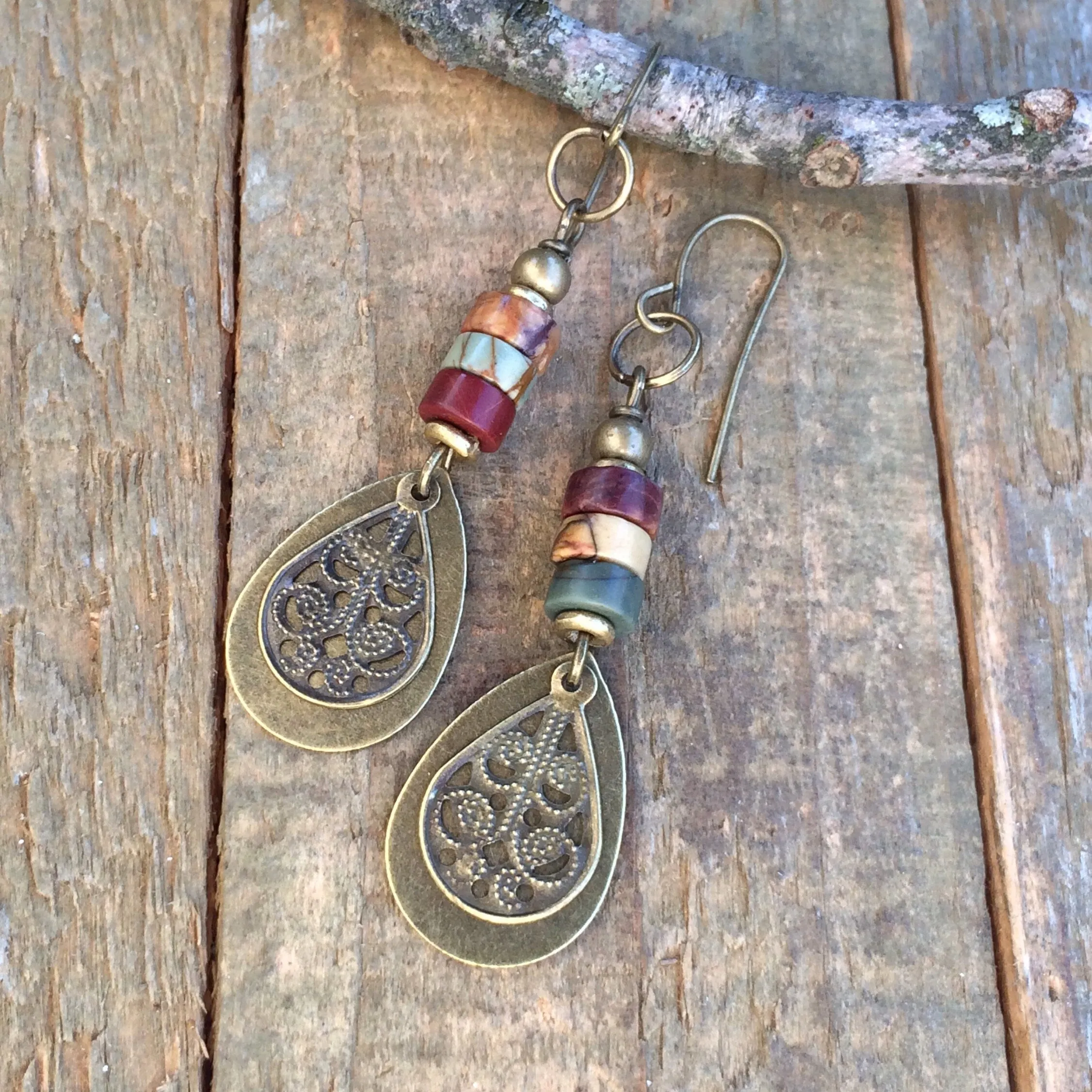 Red Creek Jasper Earrings, Boho Dangle Teardrop Earrings, Earthy Stone Earrings, Brass Drop Earrings, Bohemian Jewelry, Jasper Jewelry