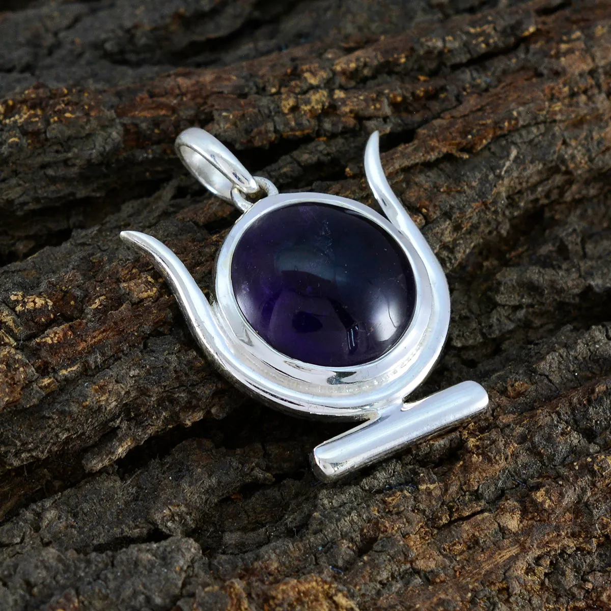 Riyo Appealing Gemstone Round Cabochon Purple Amethyst Sterling Silver Pendant Gift For Handmade