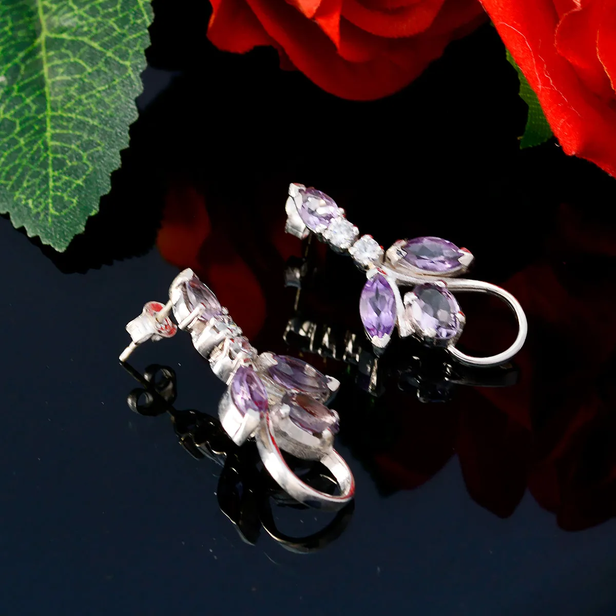 Riyo Genuine Gems multi shape Faceted Purple Amethyst Silver Earring christmas gifts