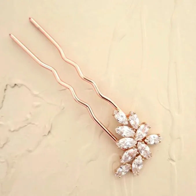 Rose Gold Leaf Crystal Bridal Hair Pin