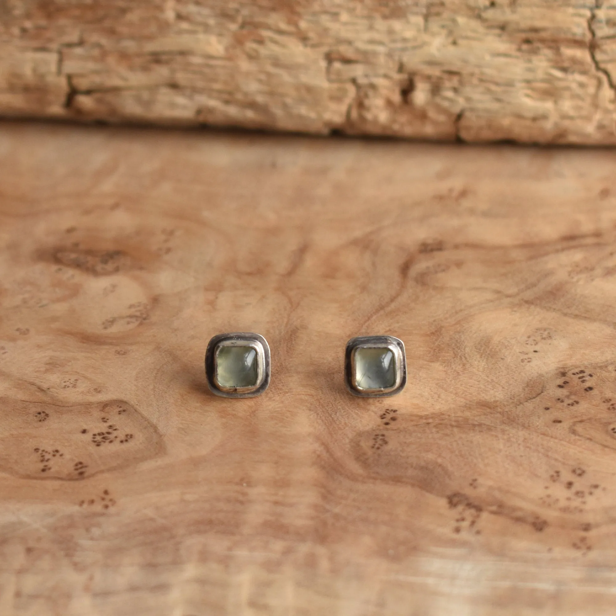 Santa Fe Prehnite Posts - Square Prehnite Studs - Sterling Silver Posts - Silversmith