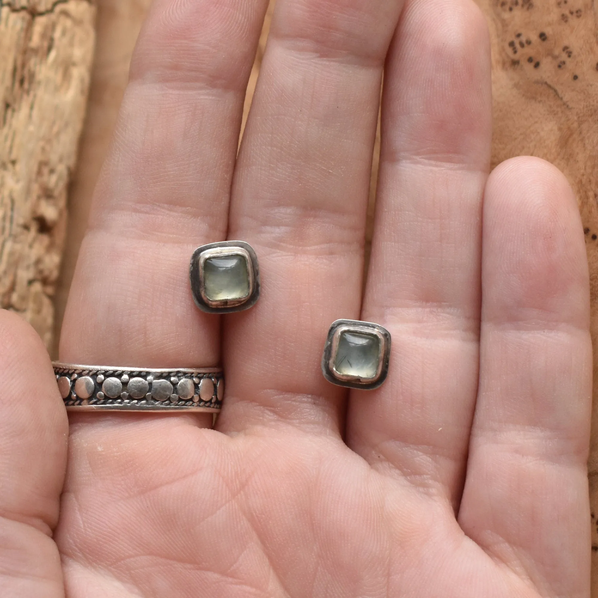 Santa Fe Prehnite Posts - Square Prehnite Studs - Sterling Silver Posts - Silversmith