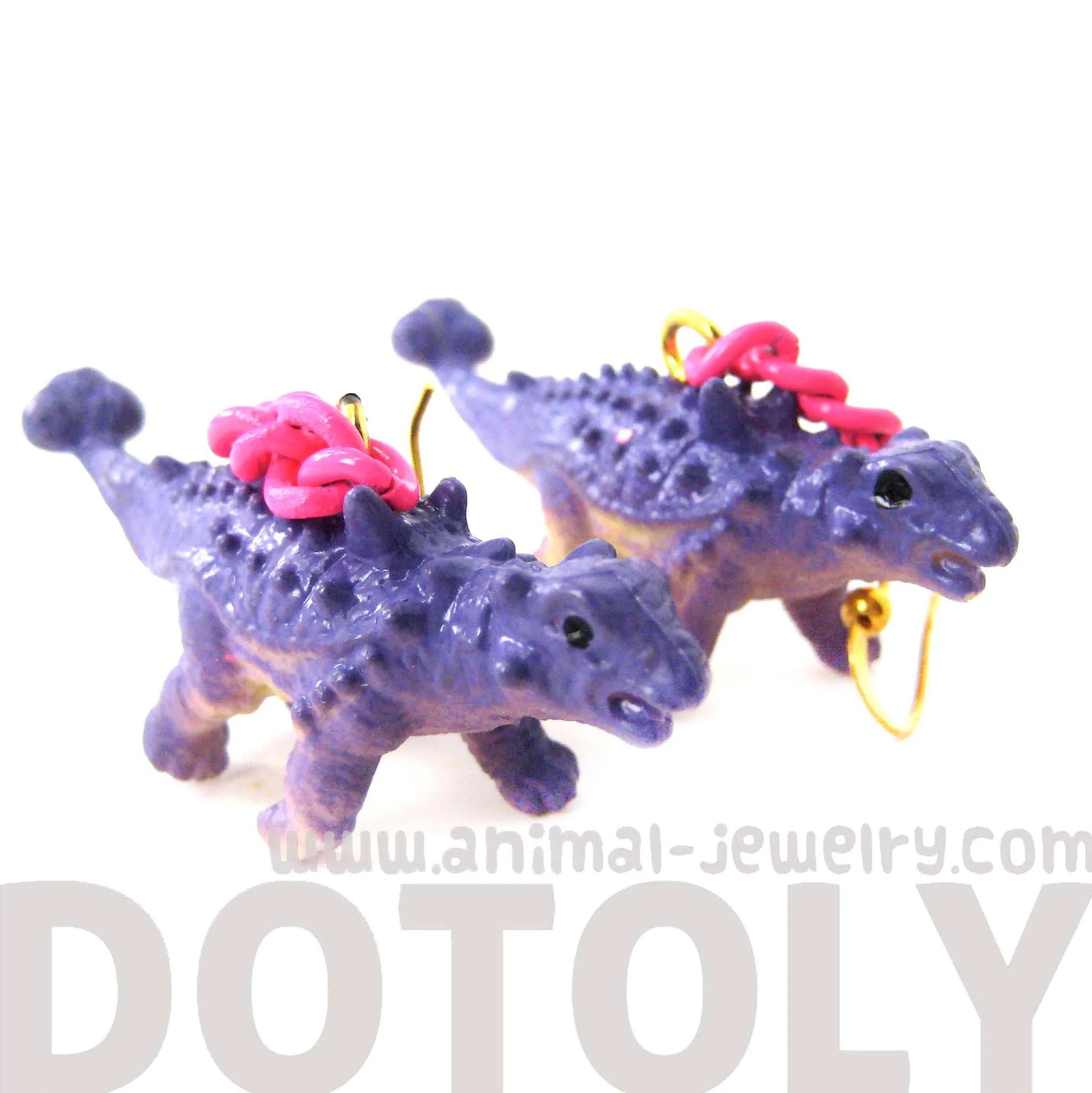 Scolosaurus Euoplocephalus Dinosaur Animal Figurine Shaped Dangle Earrings in Purple