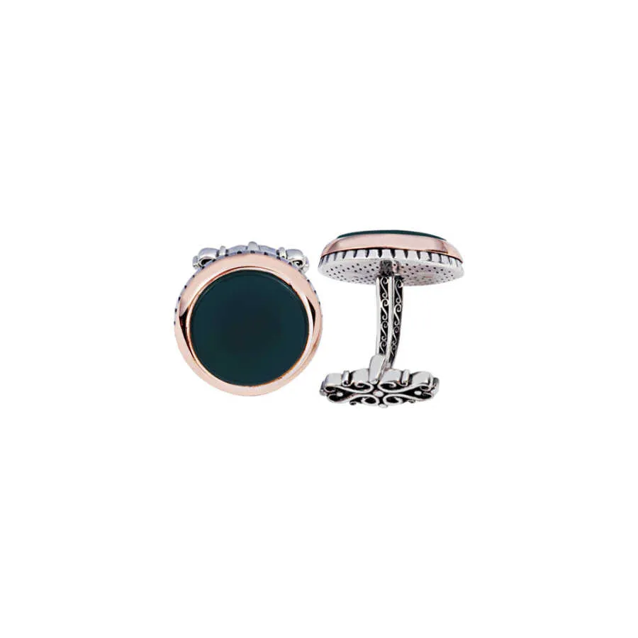 Silver Green Agate Stone Round Model Cufflink