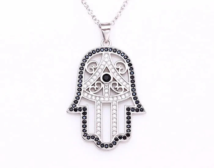 Sterling Silver Classic Hamsa Necklace Rhodium Plated (Black Stones)