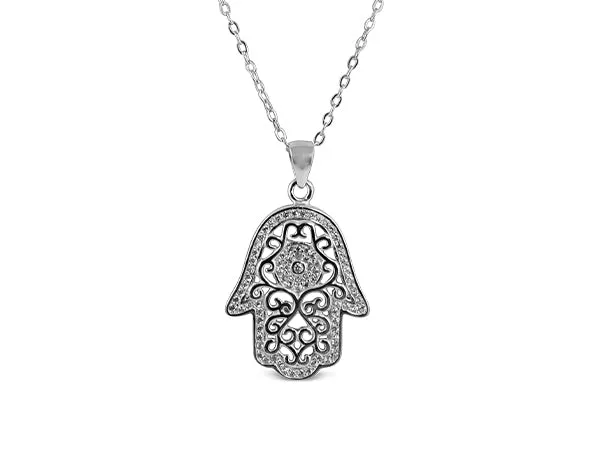 Sterling Silver Hamsa (Groove) Necklace Rhodium Plated