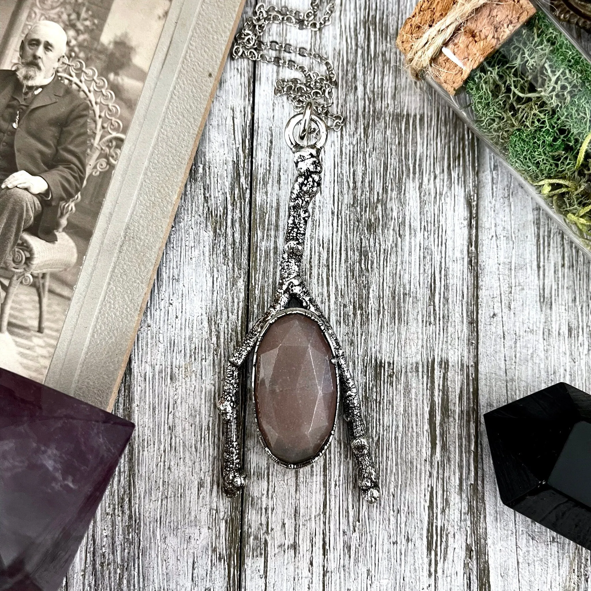 Sticks & Stones Collection Peach Moonstone Necklace / Big Silver Crystal Necklace