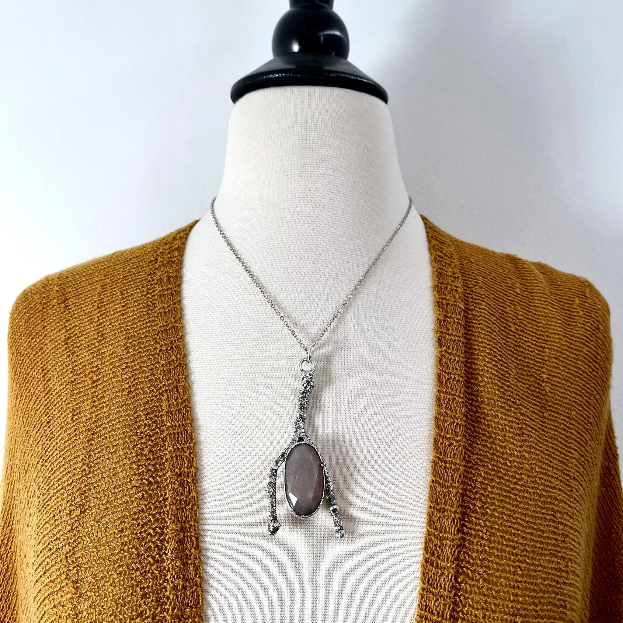 Sticks & Stones Collection Peach Moonstone Necklace / Big Silver Crystal Necklace