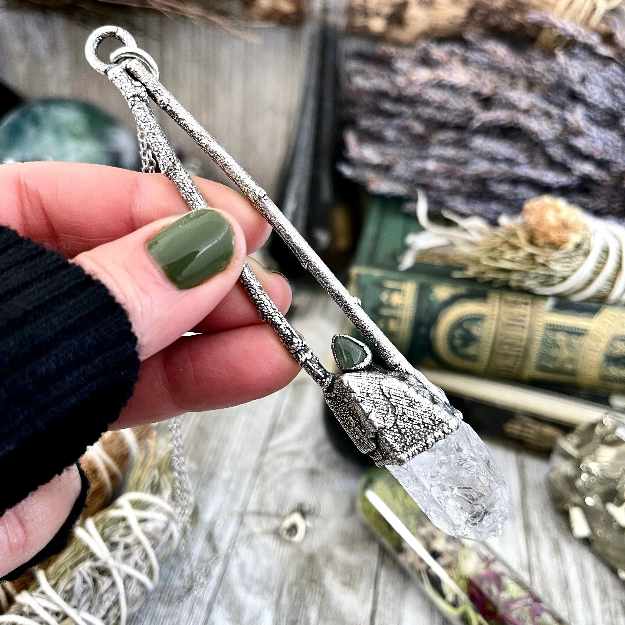 Sticks & Stones Collection- Raw Clear Quartz and Green Aventurine Necklace in Fine Silver /