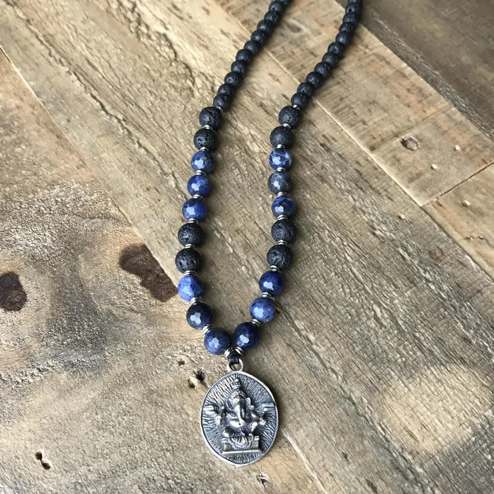 Third Eye Chakra Aromatherapy Lava Rock Mala Beads with Ganesh Pendant