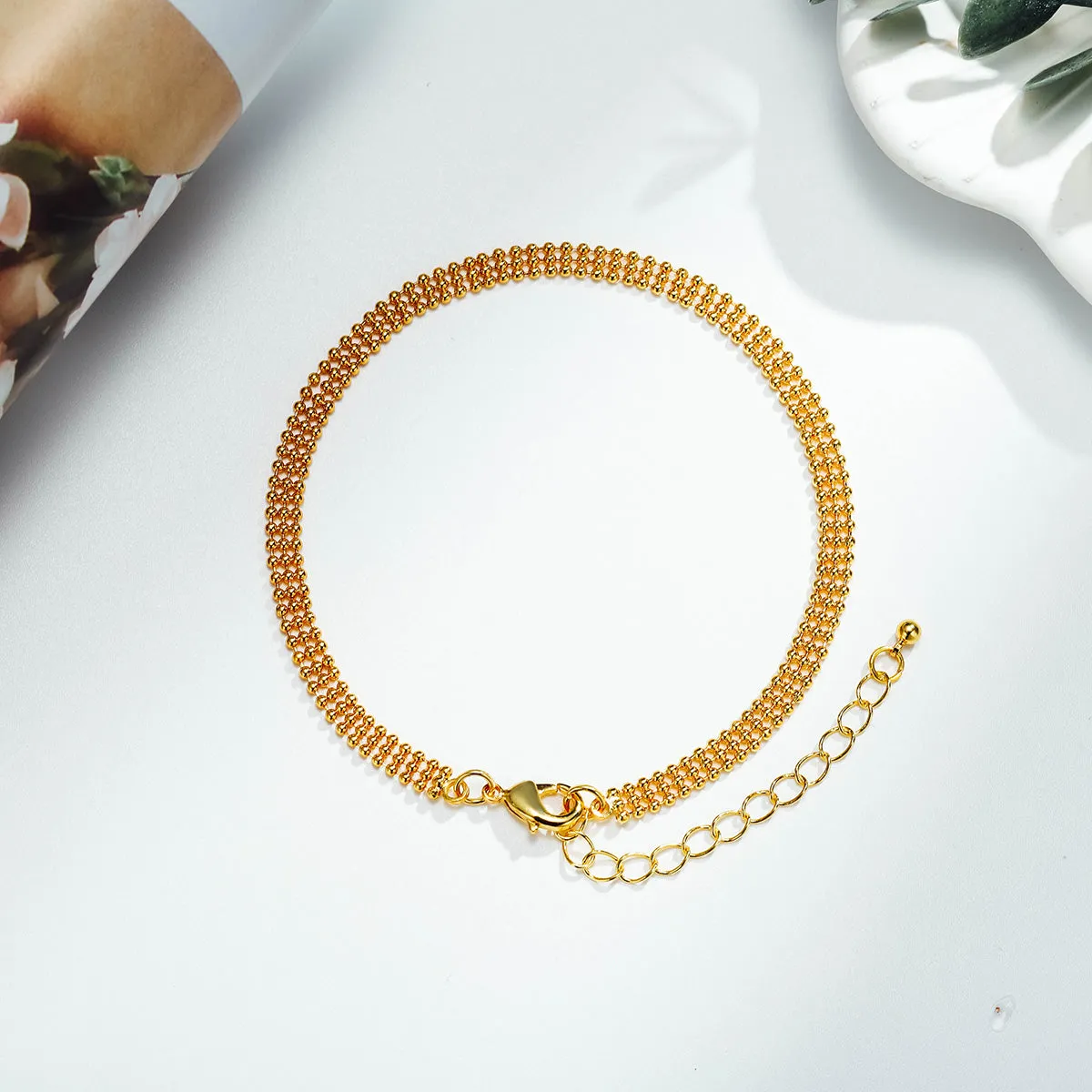 Three Columns Gold Little Ball Link Anklet