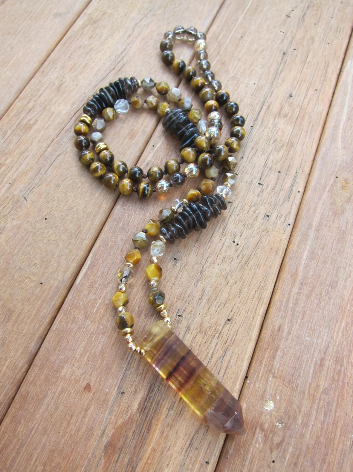 Tiger Eye, Smoky Quartz Mala Necklace in Yellow Fluorite Bullet Pendant Point