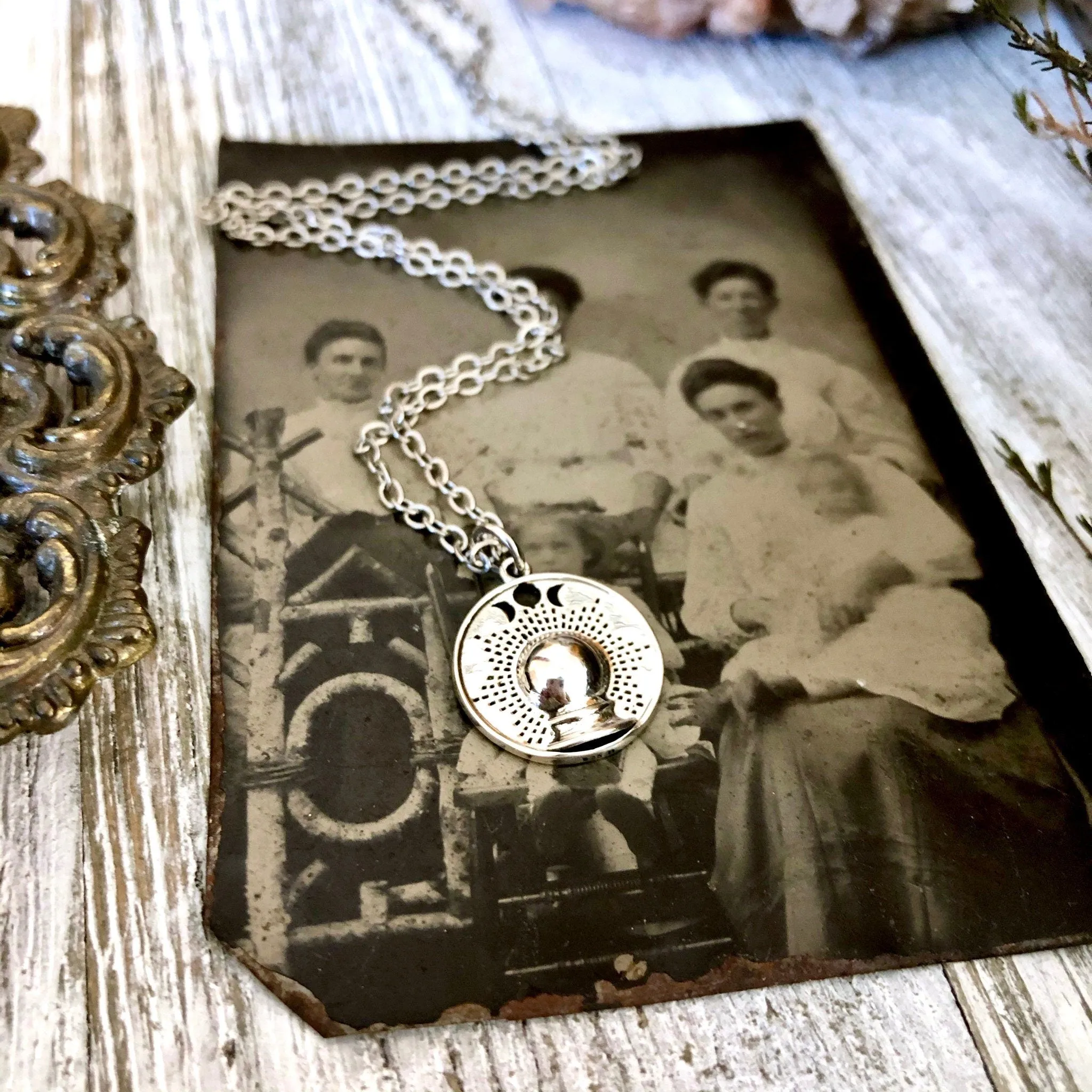 Tiny Talisman Collection - Sterling Silver Crystal Ball with Moon Phases Necklace Pendant 15mm /