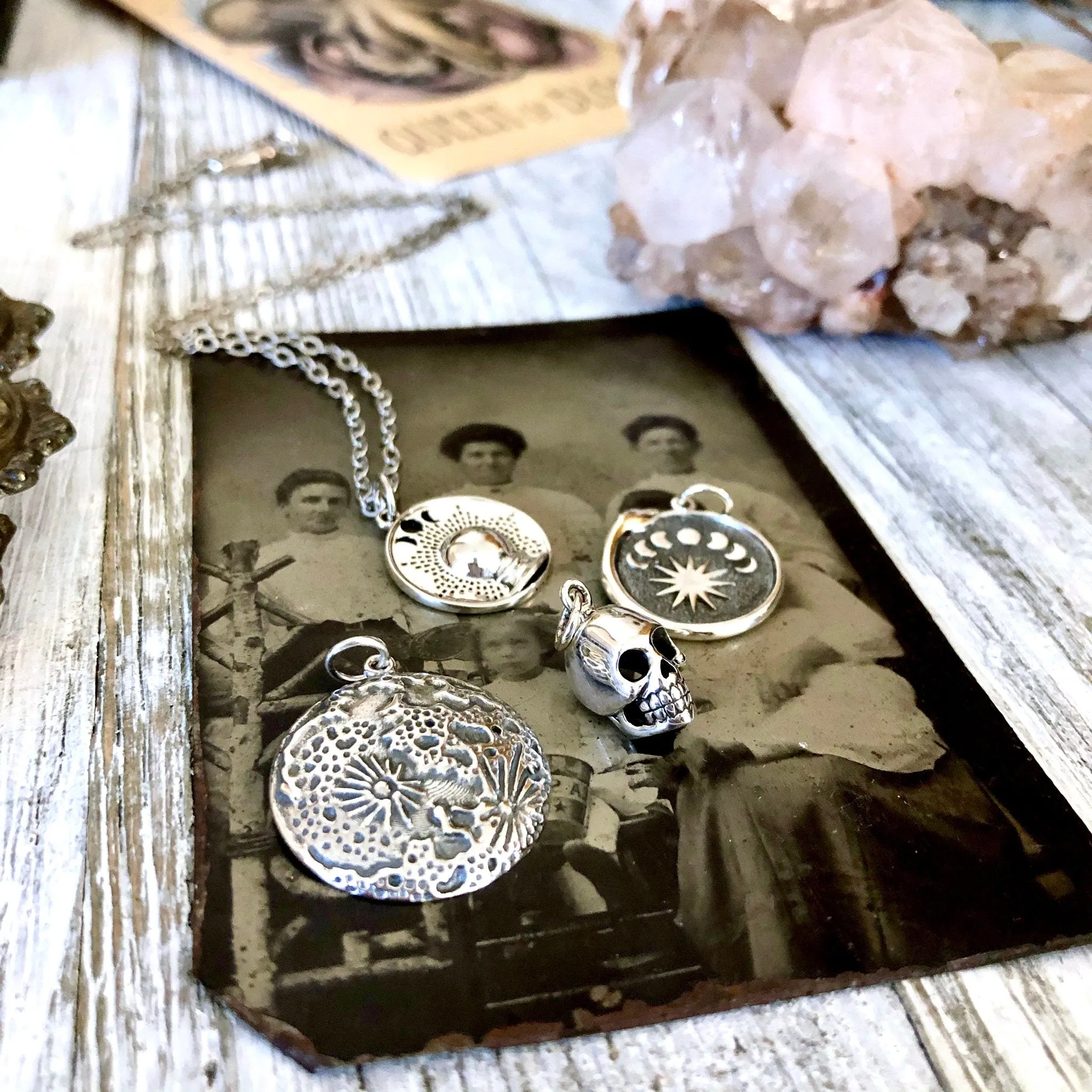 Tiny Talisman Collection - Sterling Silver Crystal Ball with Moon Phases Necklace Pendant 15mm /