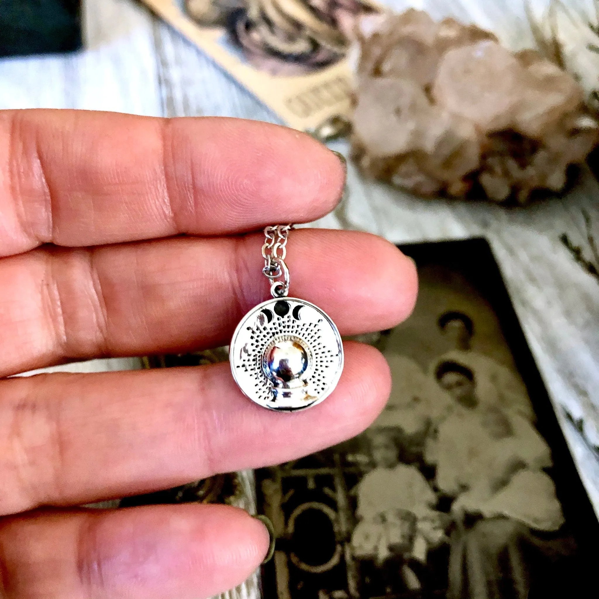 Tiny Talisman Collection - Sterling Silver Crystal Ball with Moon Phases Necklace Pendant 15mm /