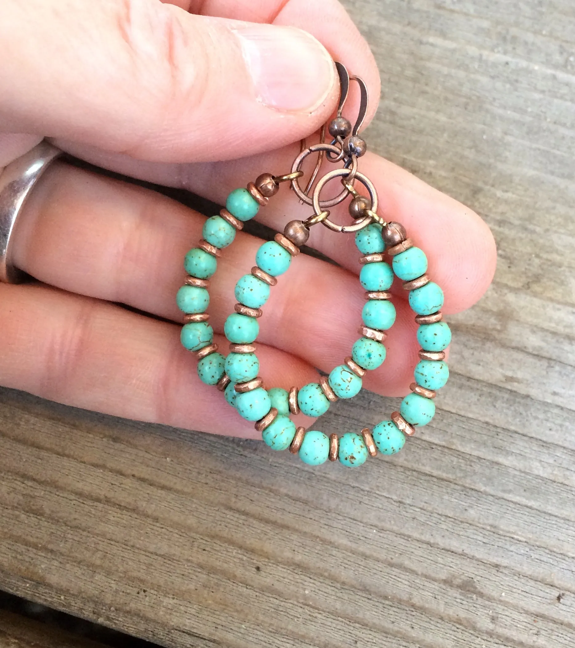 Turquoise Hoop Earrings, Copper and Turquoise Handmade Jewelry